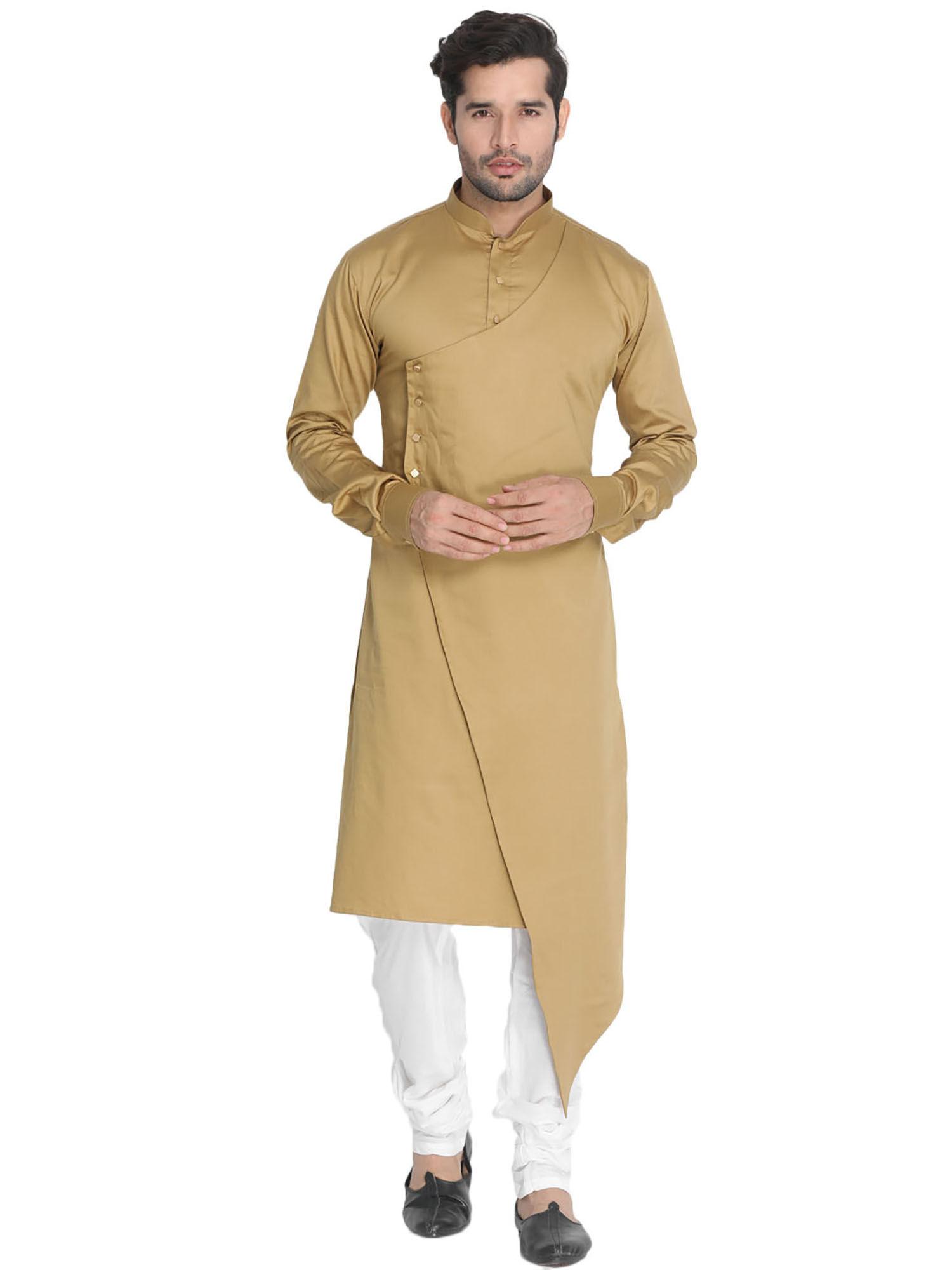 mens yellow cotton satin blend kurta pyjama (set of 3)