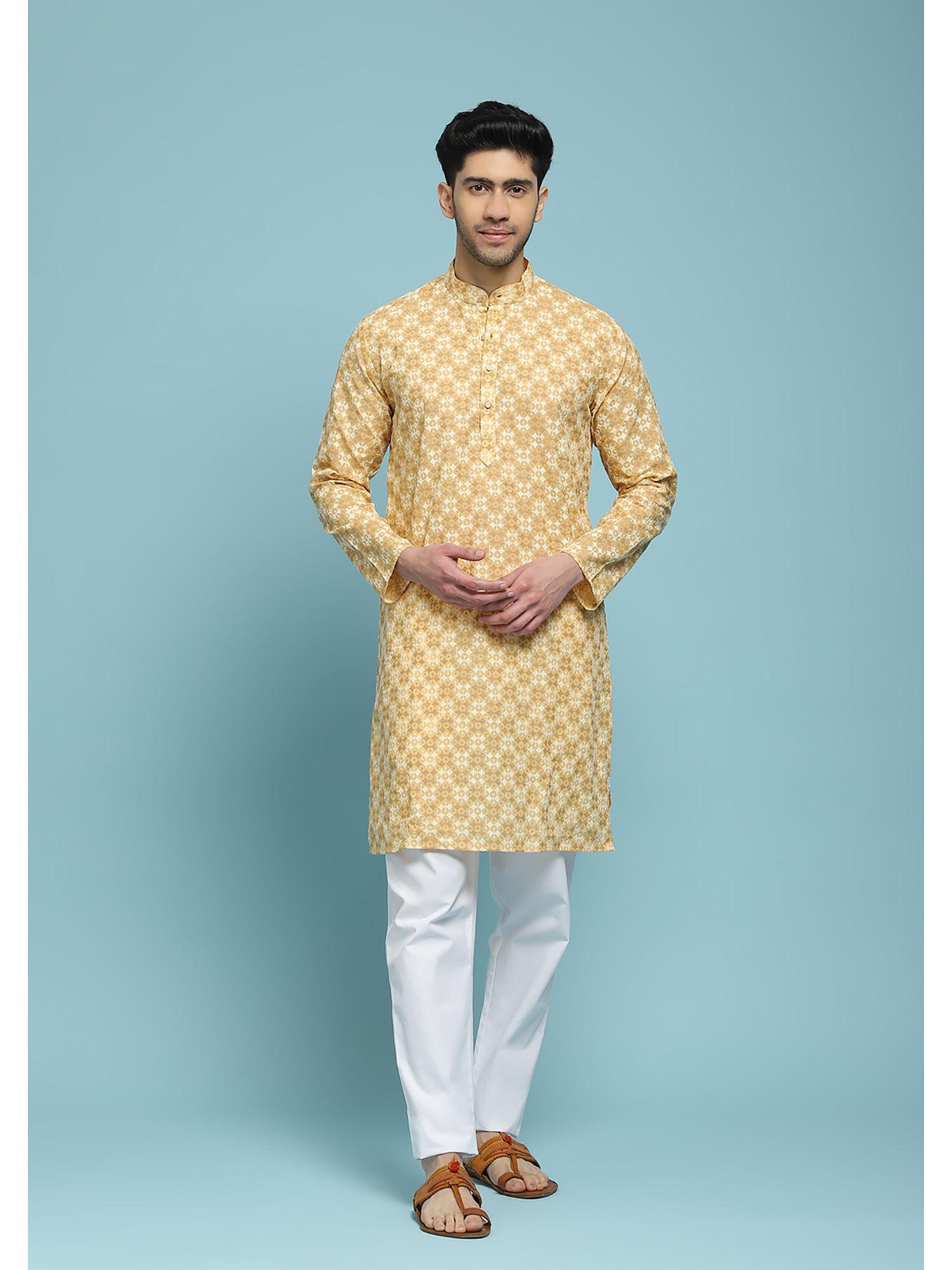 mens yellow cotton schiffli embroidered long kurta