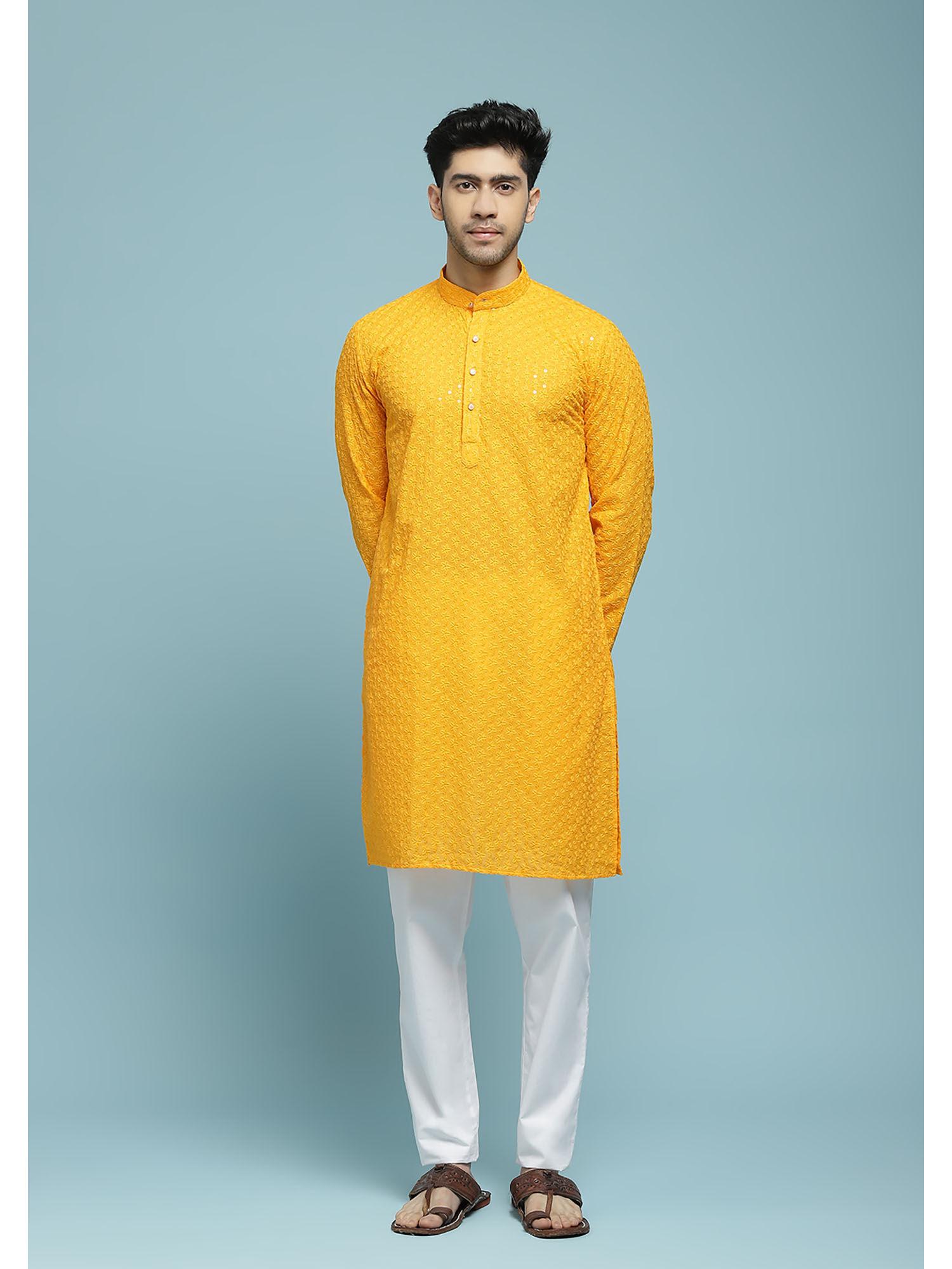 mens yellow cotton schiffli sequins long kurta