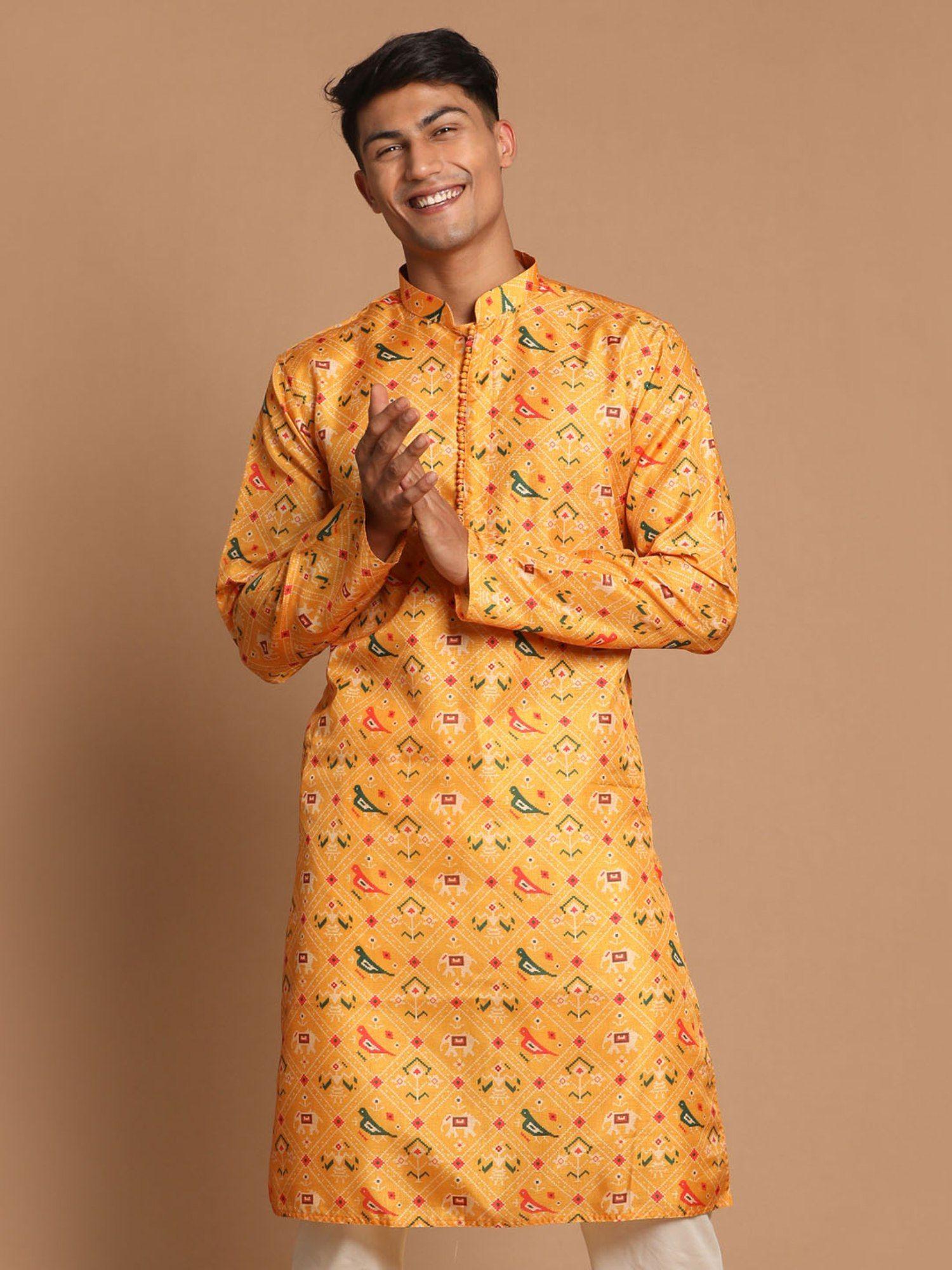 mens yellow cotton silk kurta