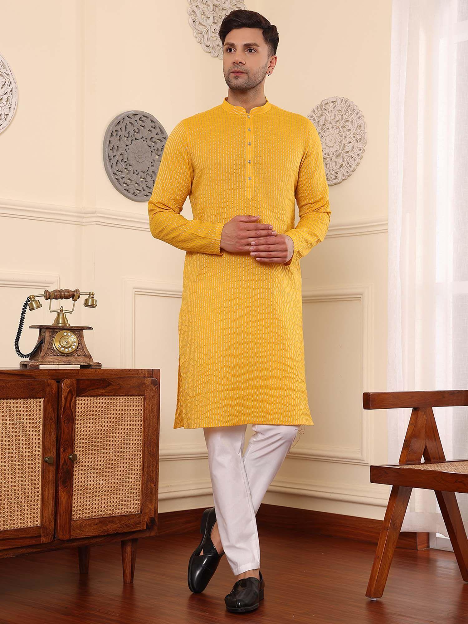 mens yellow cotton striped mandarin collar kurta with pants (set of 2)