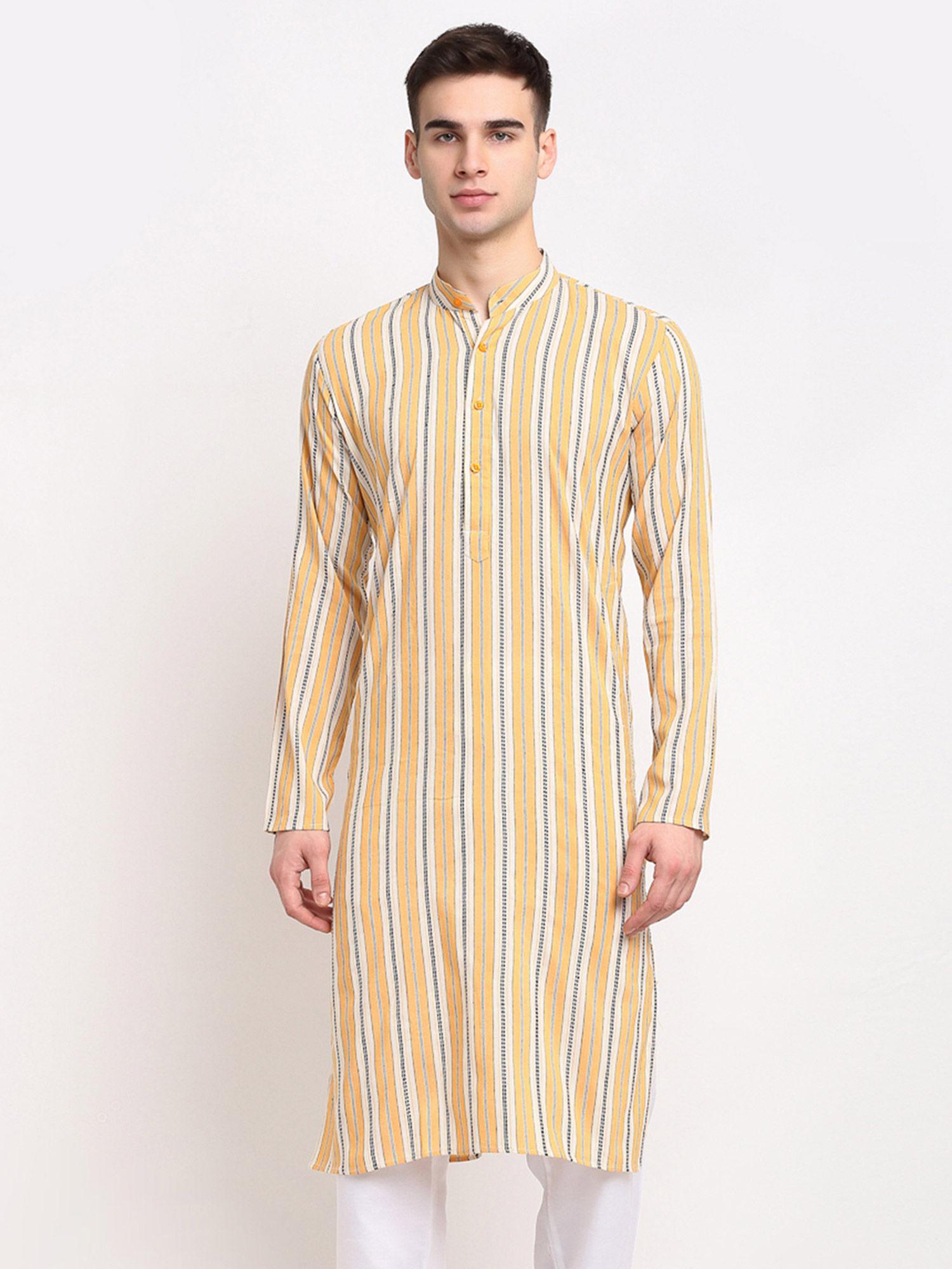 mens yellow cream & white striped cotton kurtas