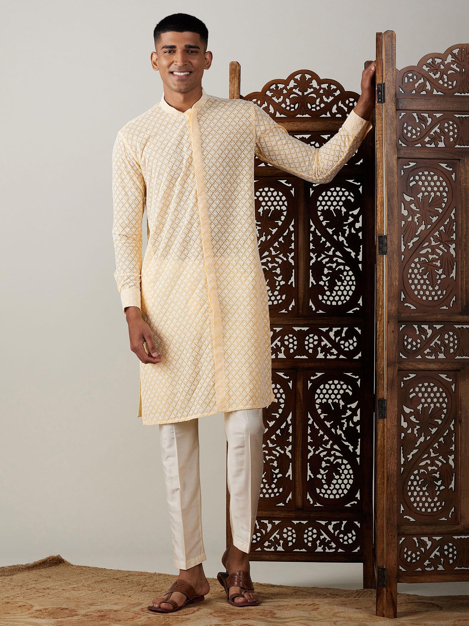 mens yellow georgette kurta & pant (set of 2)