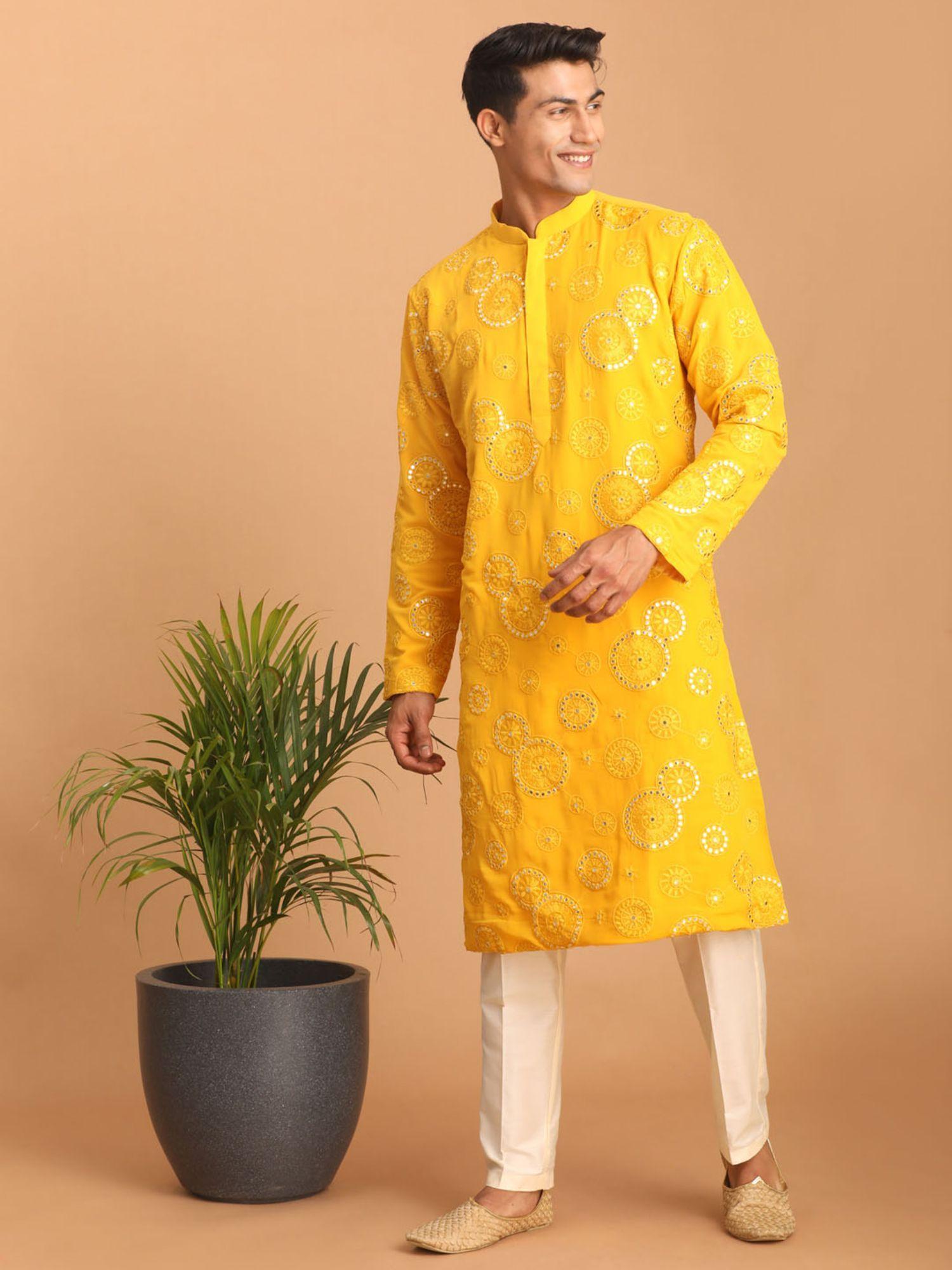 mens yellow georgette kurta and pyjama (set of 2)