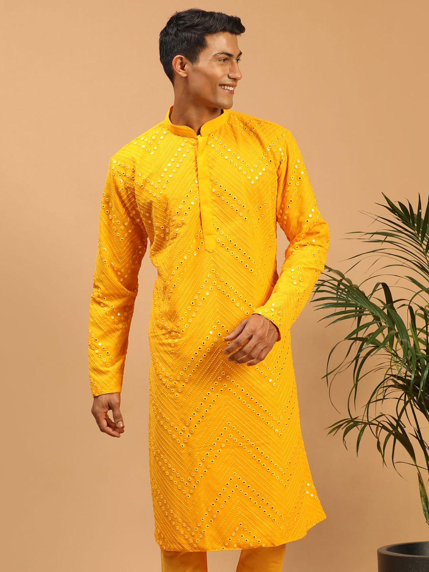 mens yellow georgette kurta