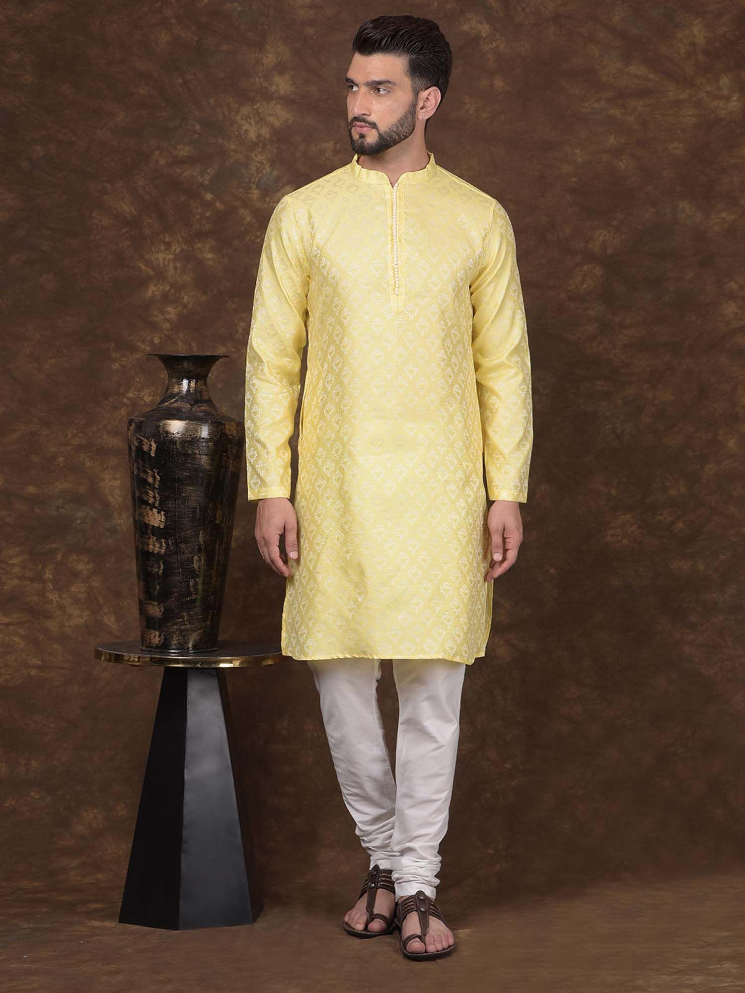 mens yellow jacquard silk mandarin collar kurta with churidar (set of 2)