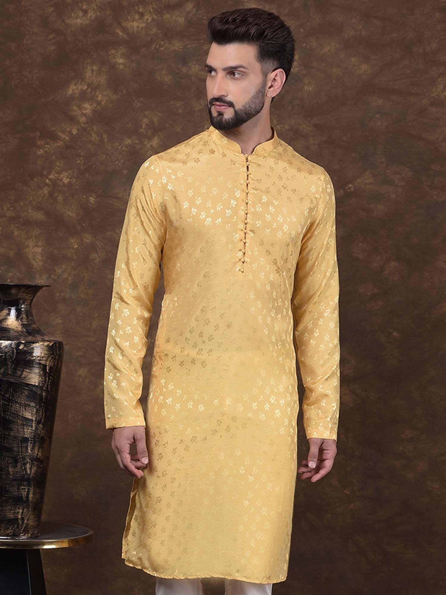 mens yellow jacquard silk mandarin collar kurta