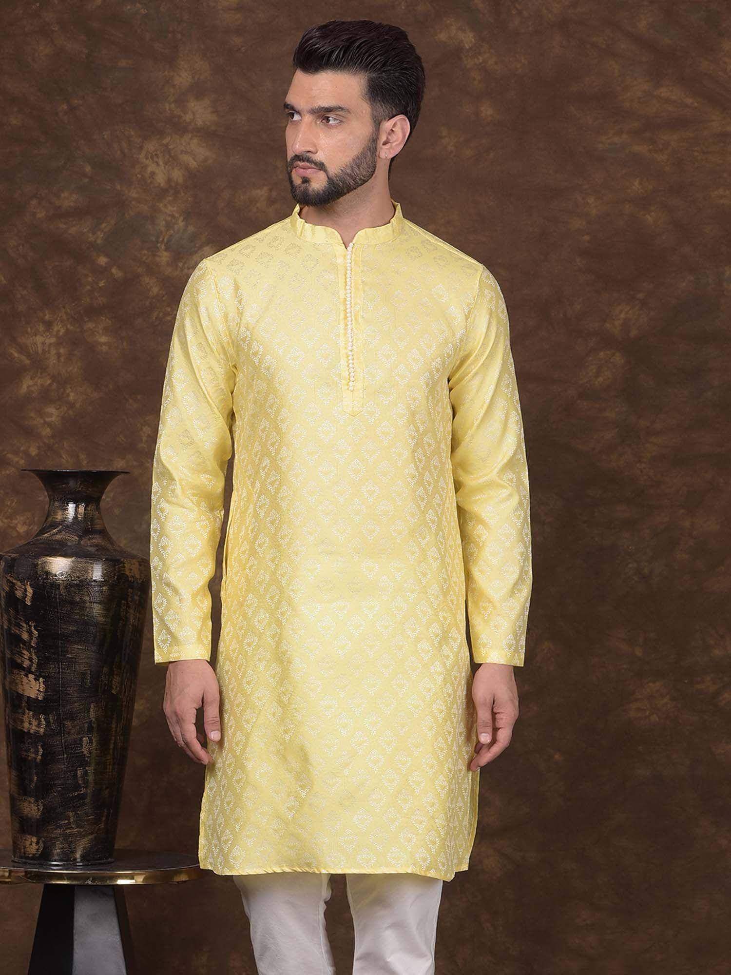 mens yellow jacquard silk mandarin collar woven kurta