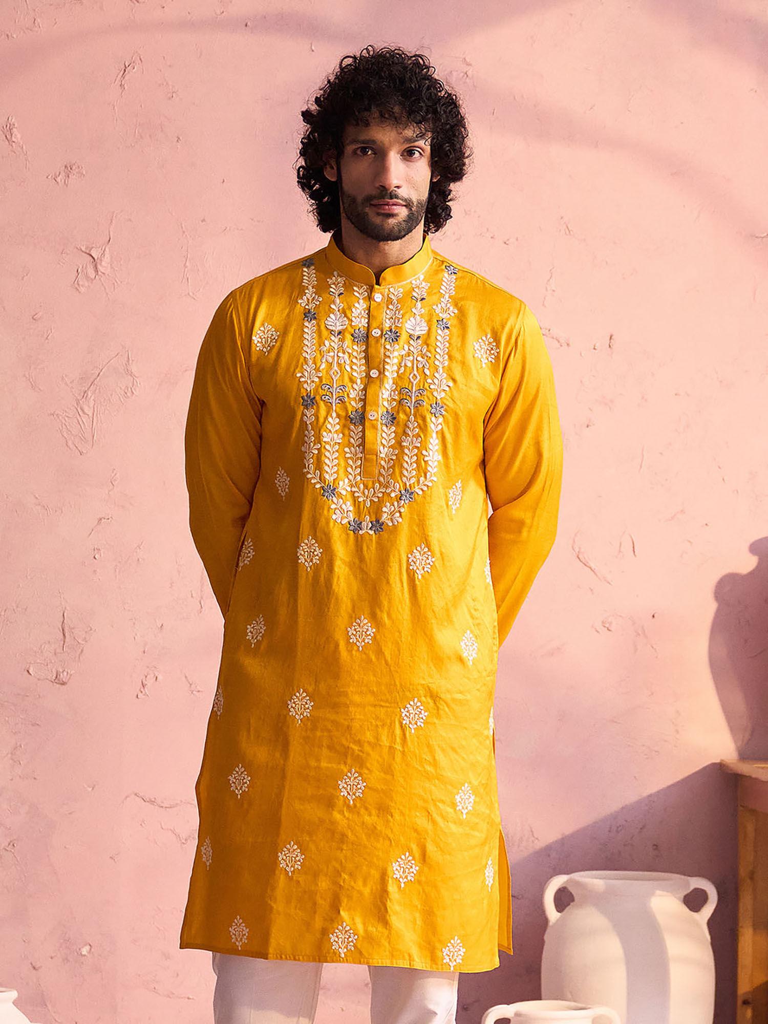 mens yellow moonga silk kurta