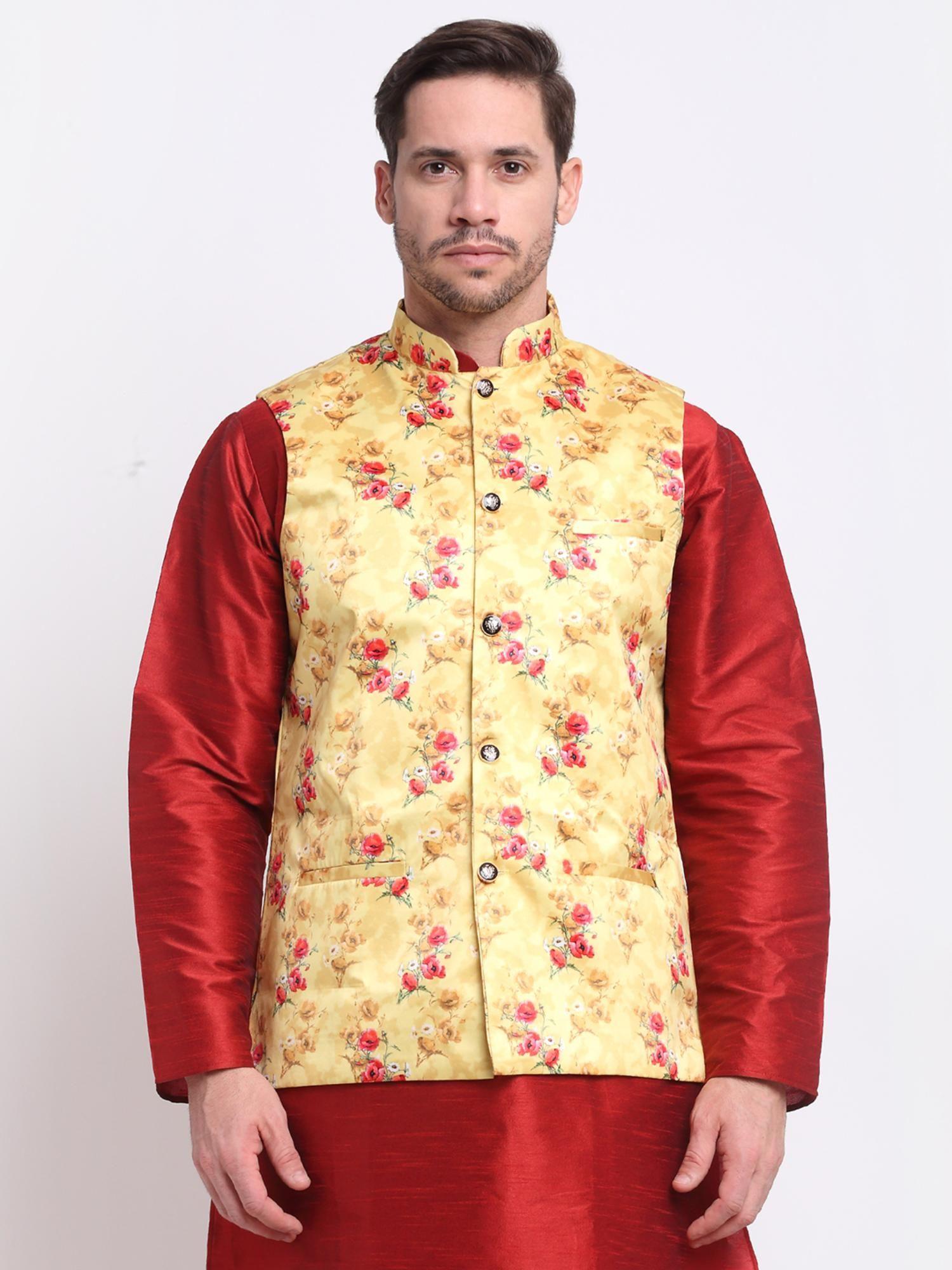 mens yellow satin floral nehru jacket