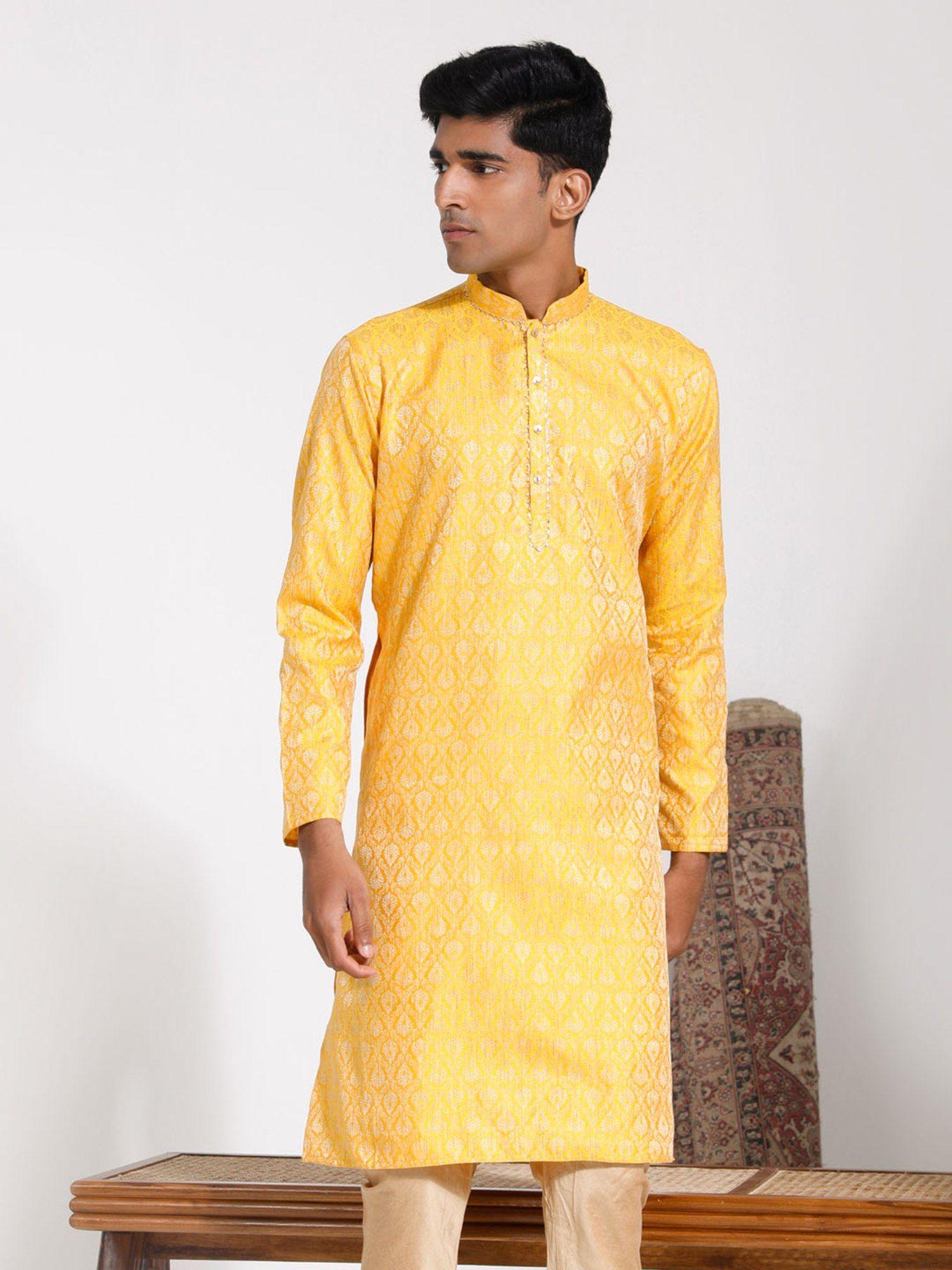 mens yellow silk blend kurta