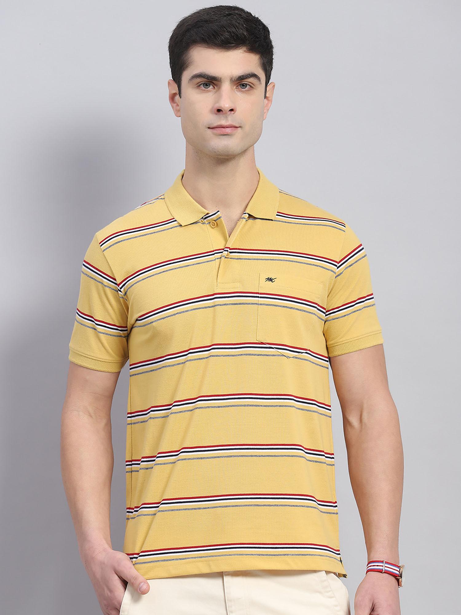 mens yellow striped polo collar half sleeve polo t-shirt