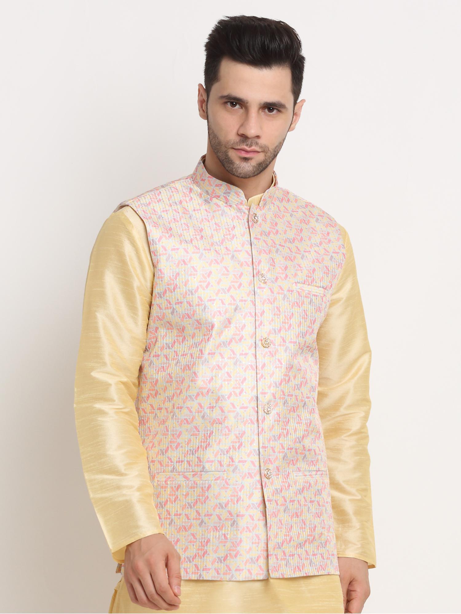 mens yellow thread work sequence nehru jacket