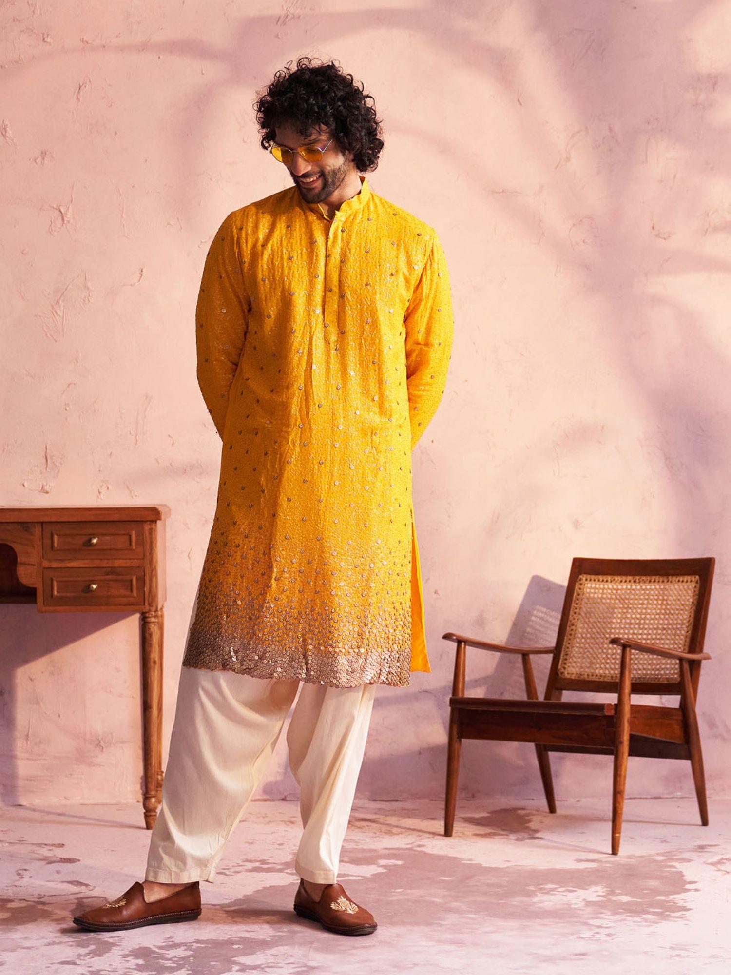 mens yellow with cream georgette kurta and patiala (set of 2)