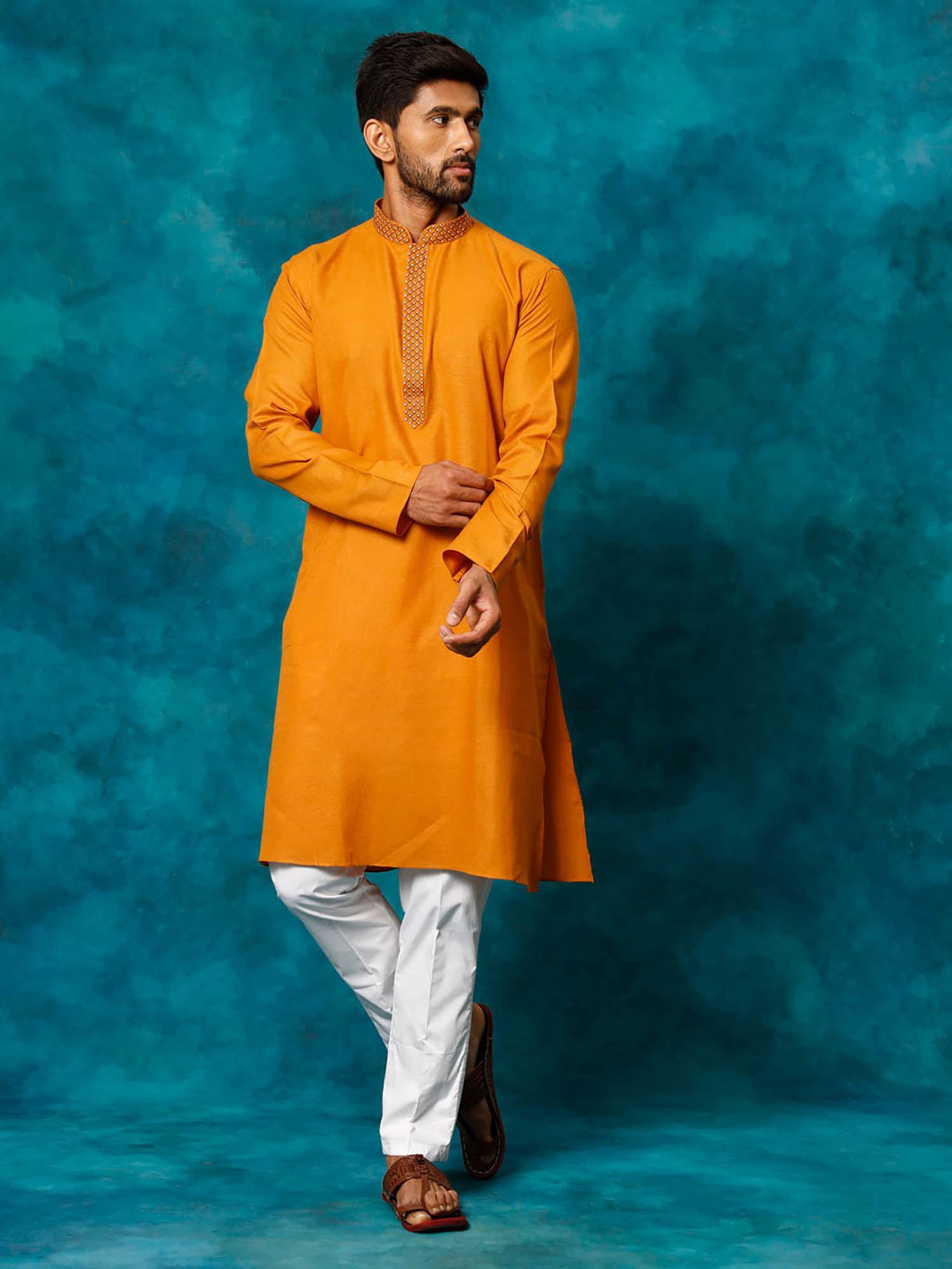 mens yellow with white cotton blend kurta and pyjama (set of 2)