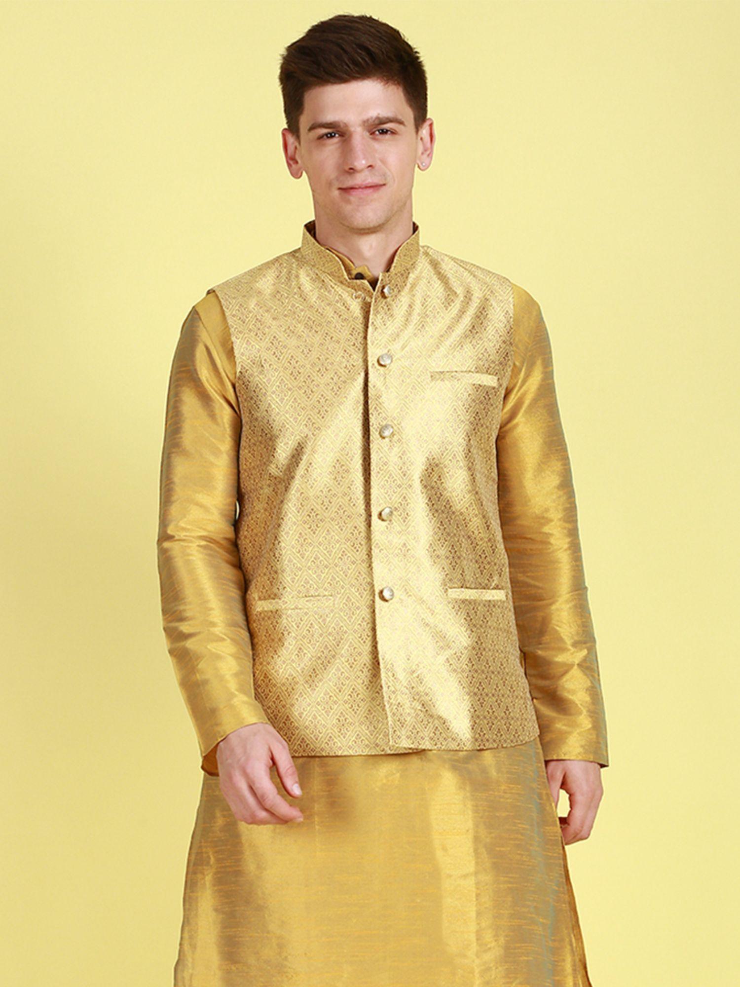 mens yellow woven floral pattern ethnic bandi jacket