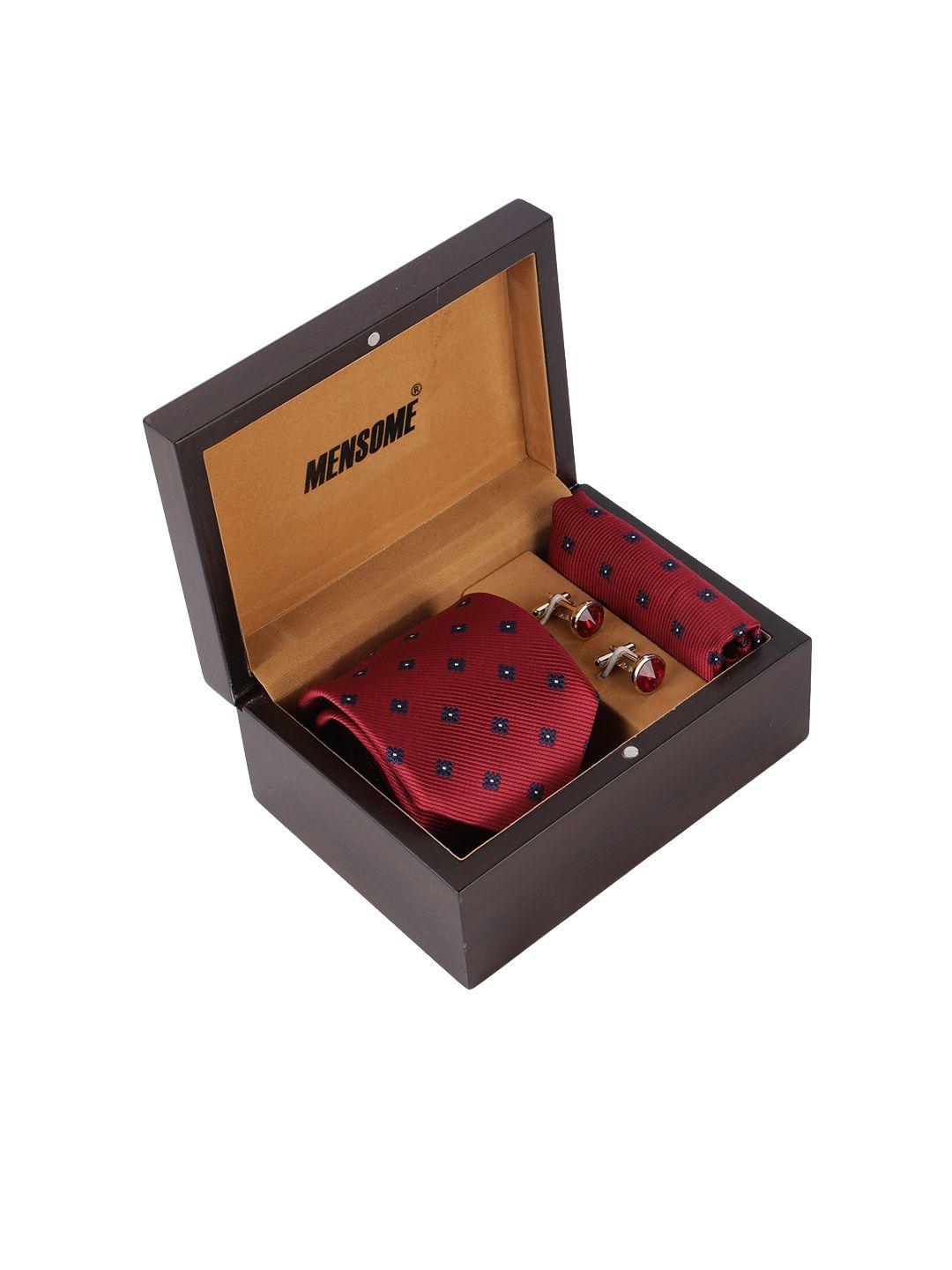 mensome maroon neck tie with cufflinks & pocket square in wooden gift box