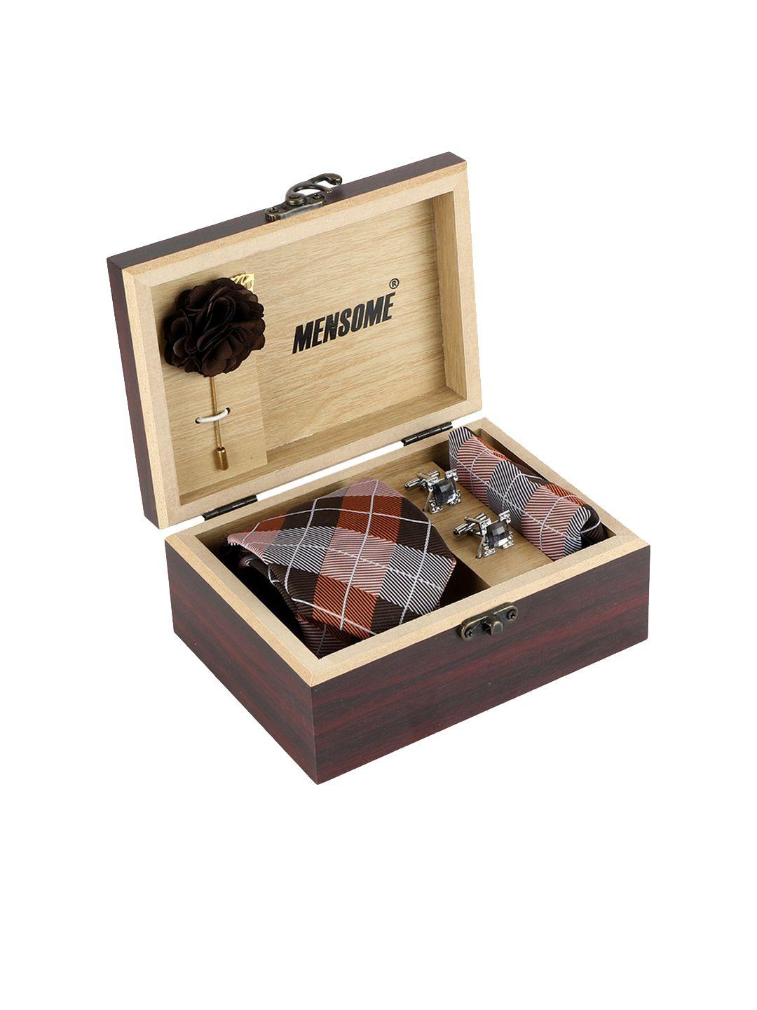 mensome men brown & white checked accessory gift set