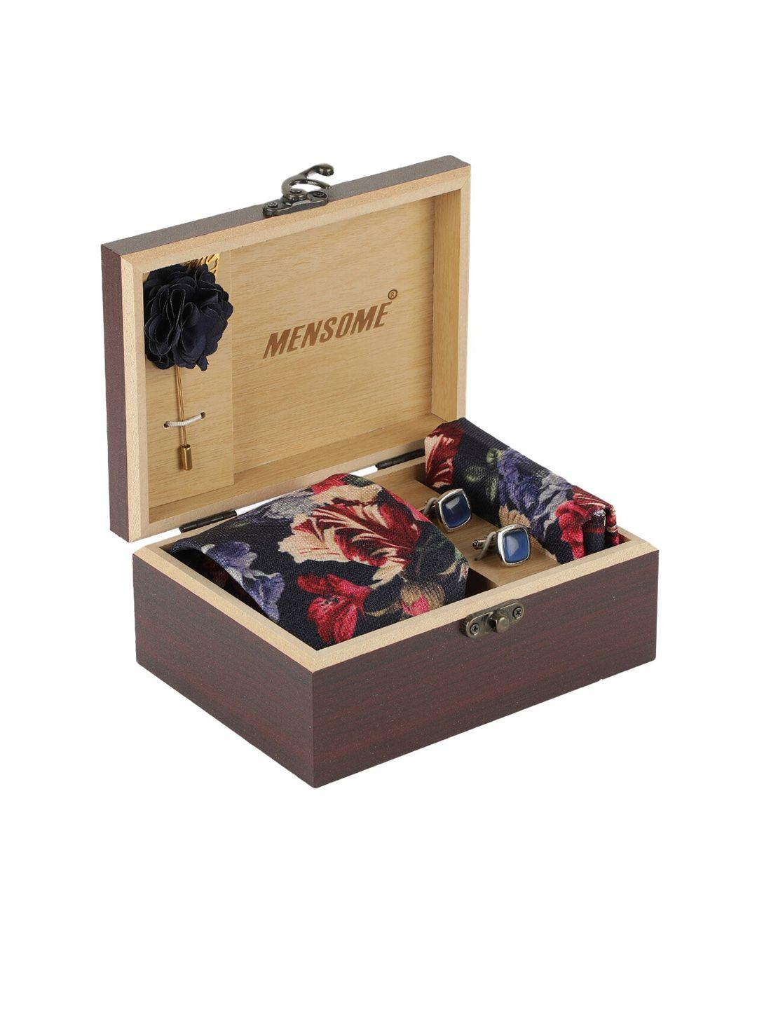 mensome men navy blue & red floral printed accessory gift set