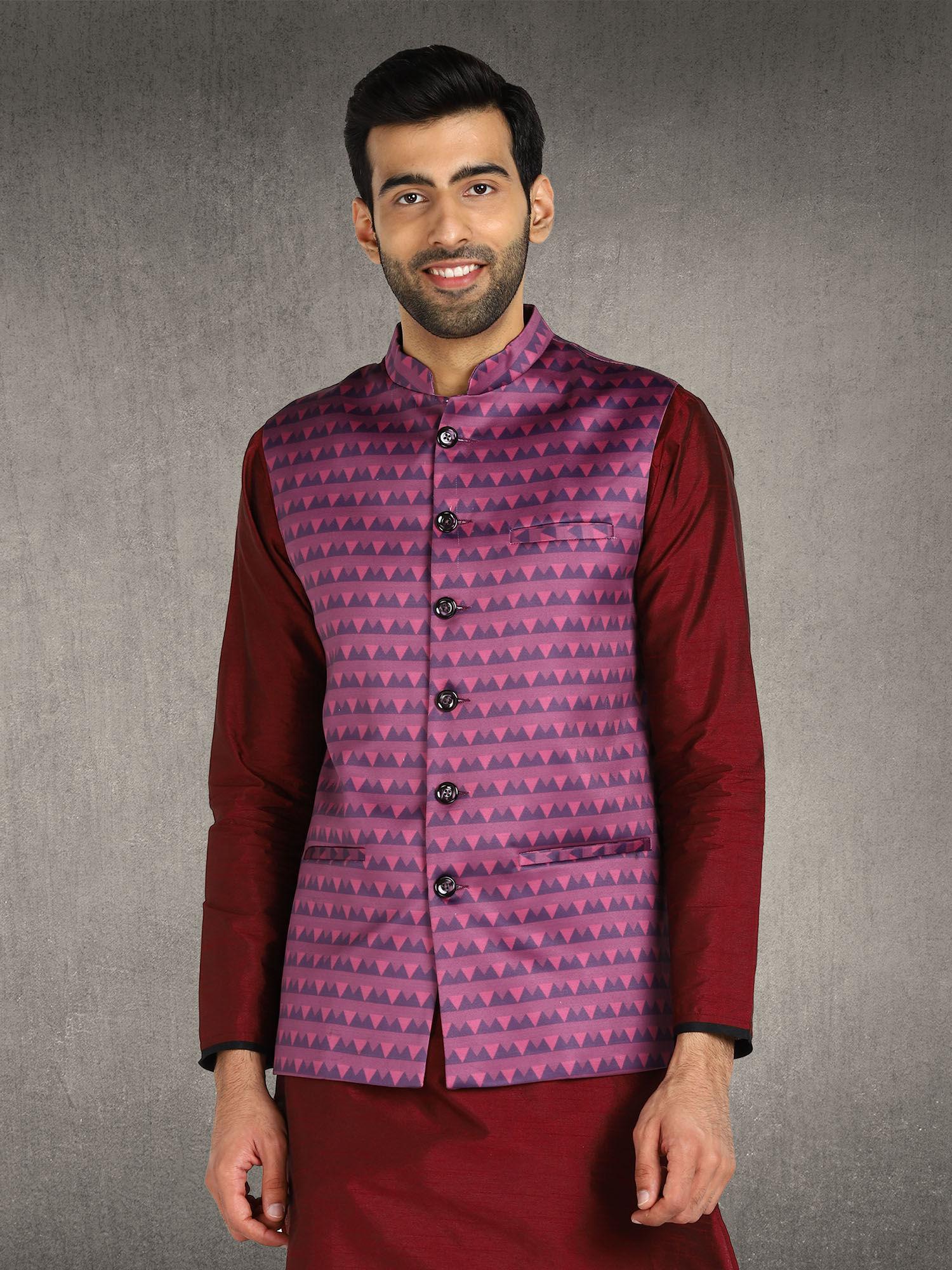 menswear pink printed nehru jacket