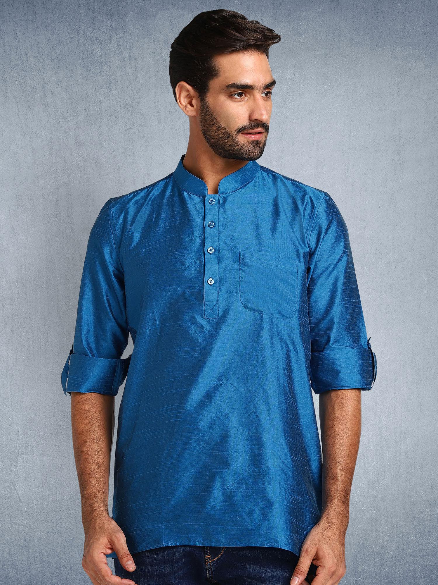 menswear blue patch short kurta