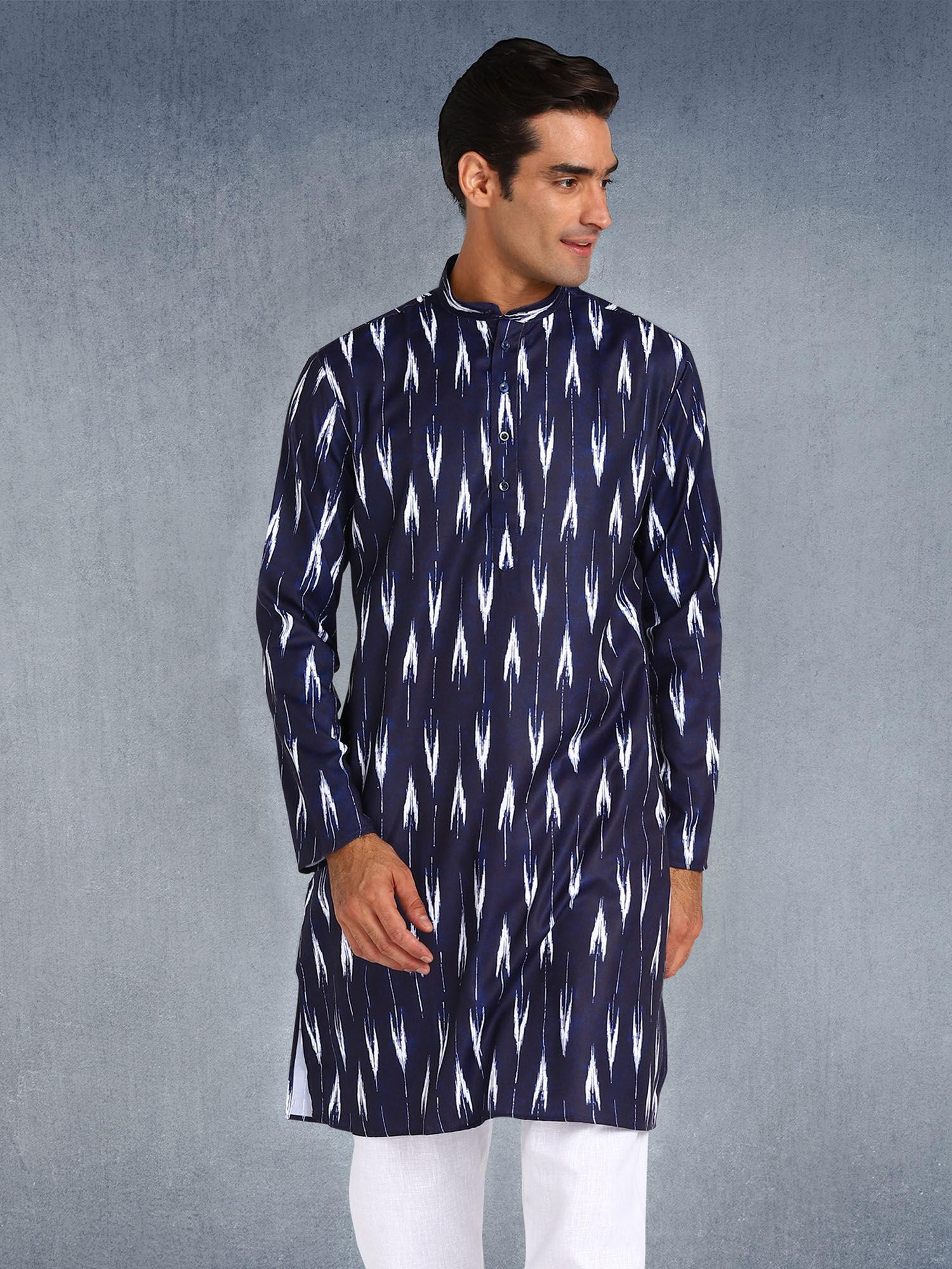 menswear blue printed long kurta