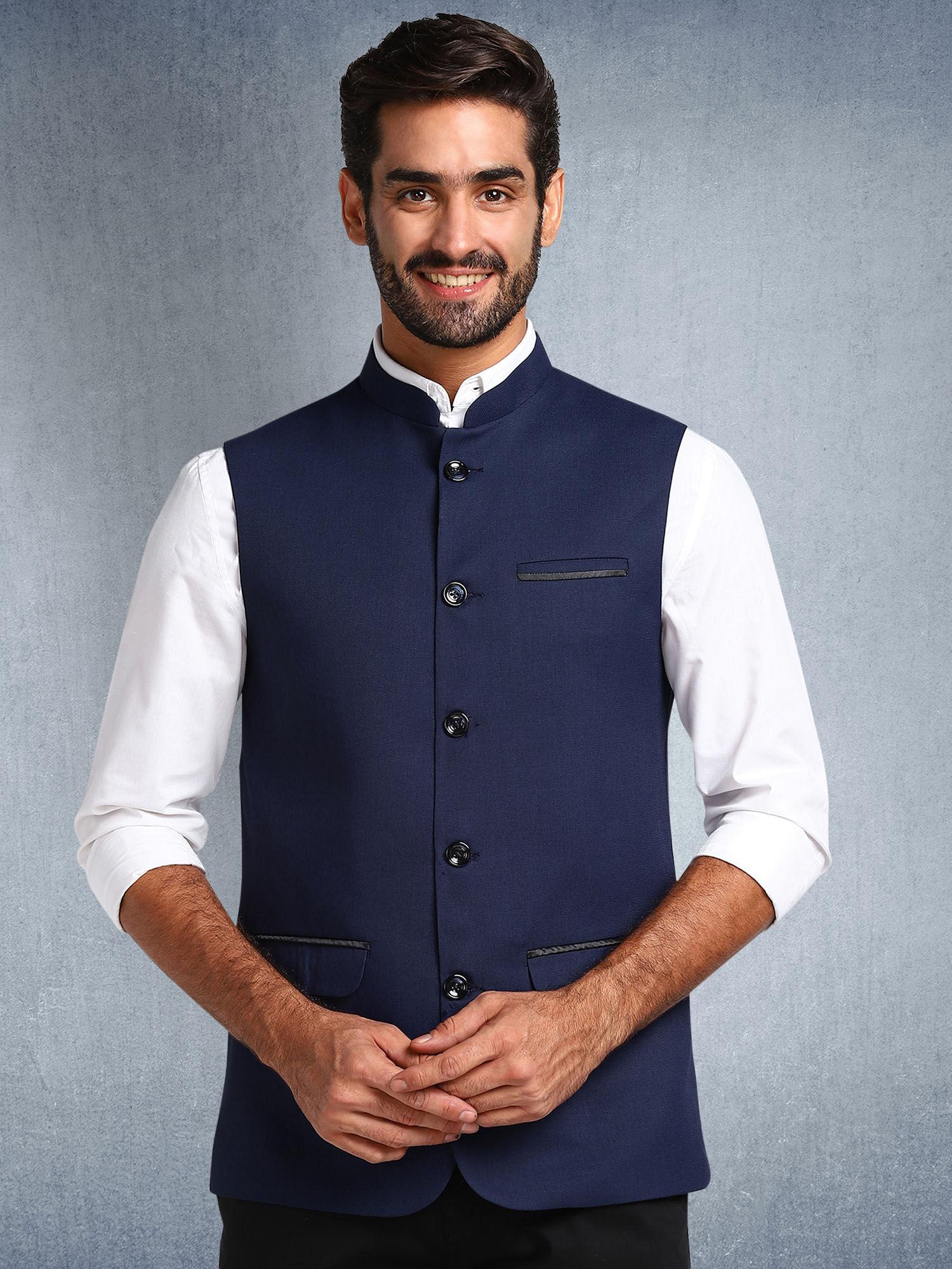 menswear navy blue jute nehru jacket