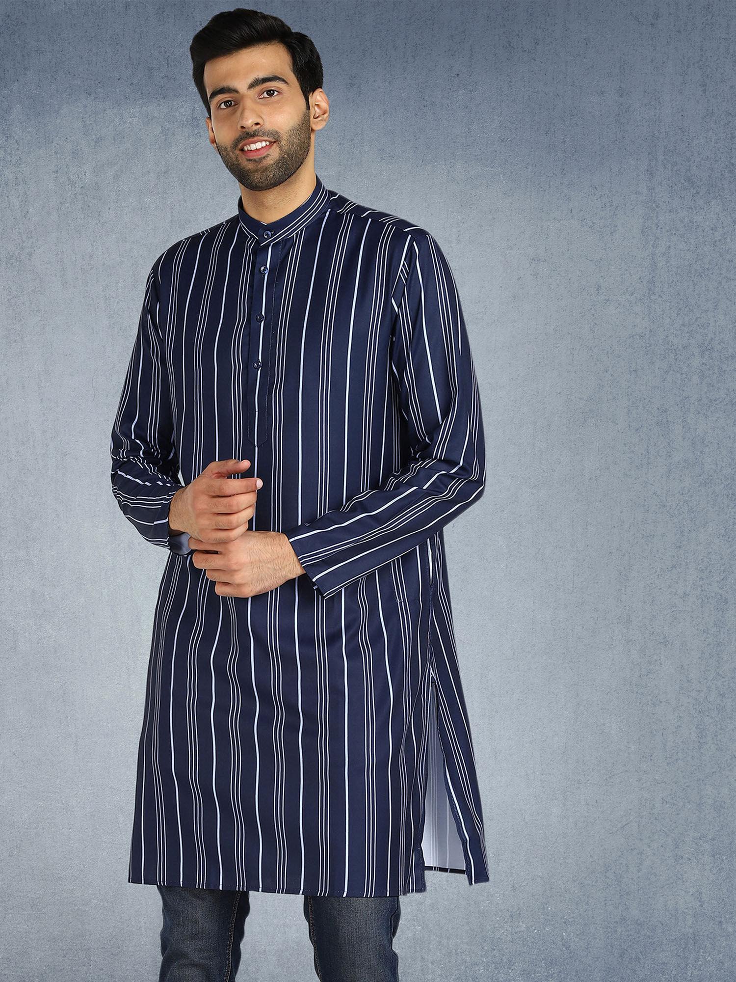 menswear navy blue printed long kurta