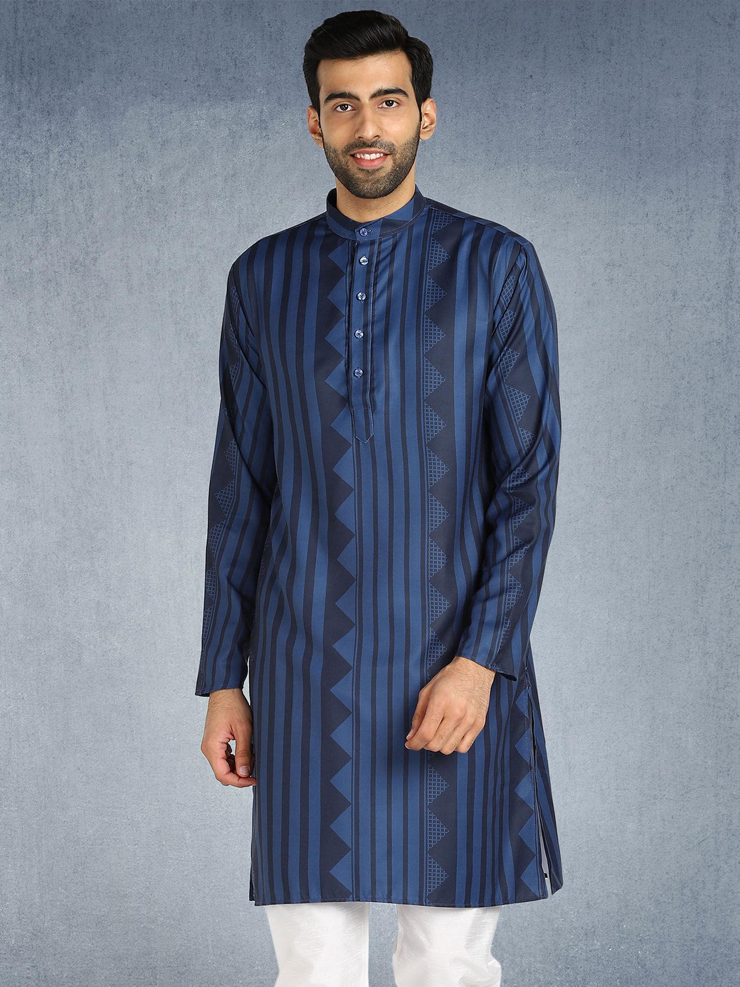 menswear navy blue printed long kurta