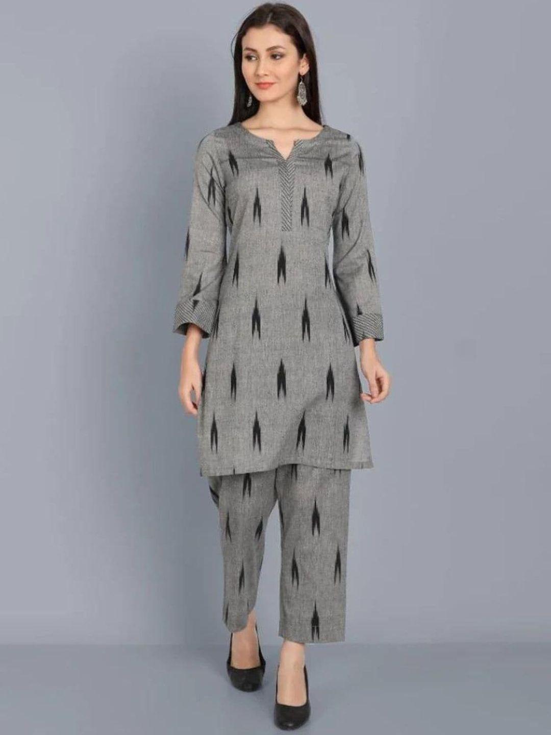 mera rang women grey printed regular thread work pure cotton kurta with palazzos