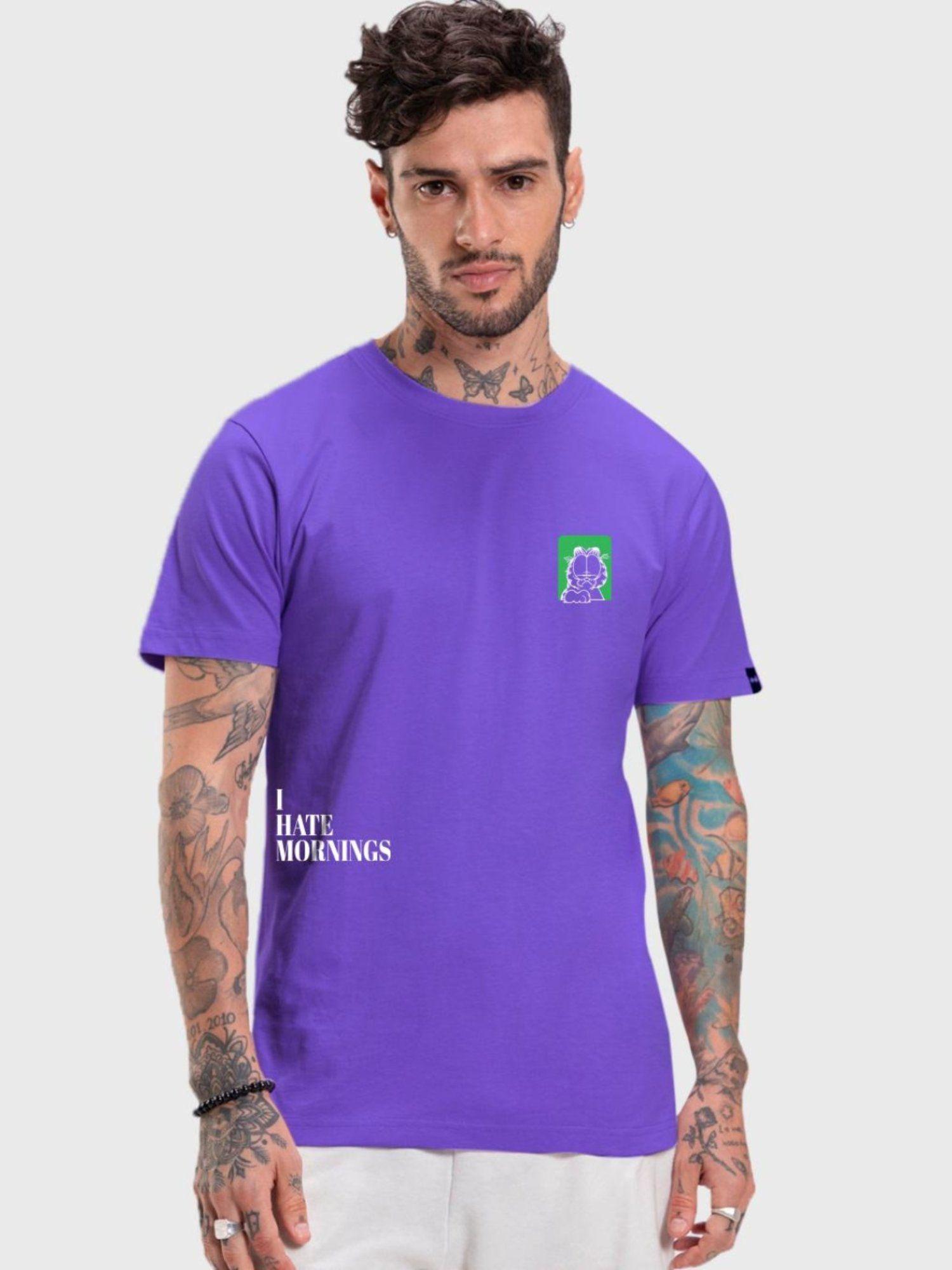 merchandise mens purple garfield hates mornings graphic printed t-shirt