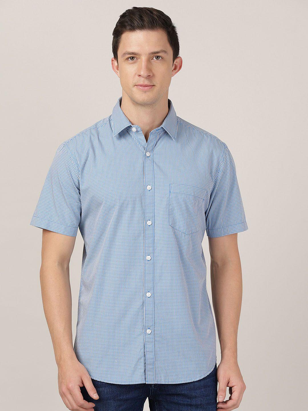 merchant marine men blue classic slim fit micro checked casual shirt