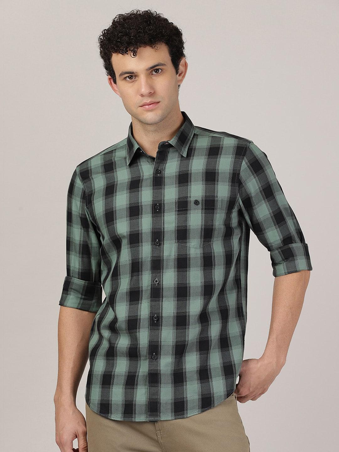 merchant marine men green classic slim fit checked cotton casual shirt