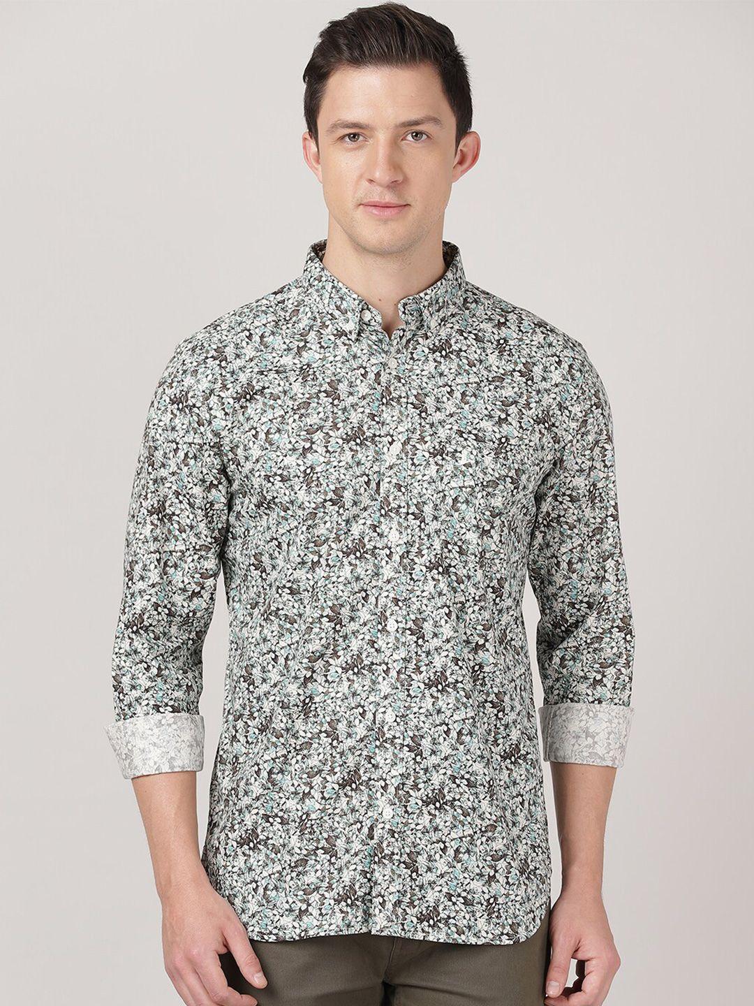merchant marine men brown & white slim fit floral printed cotton casual shirt