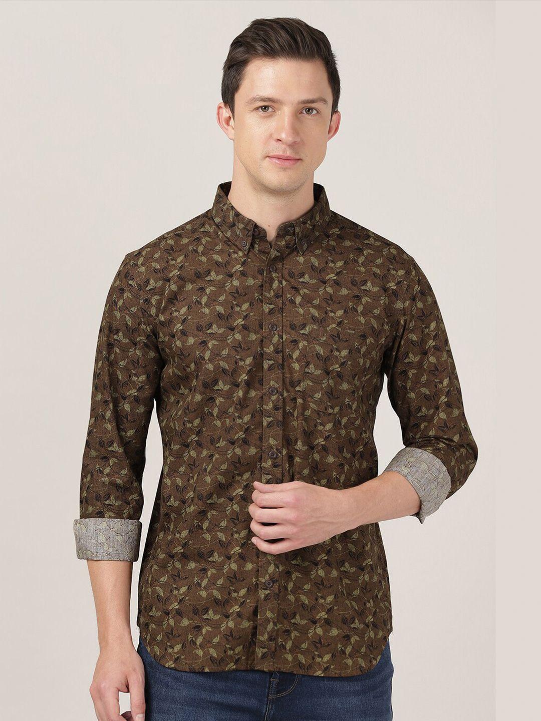 merchant marine men brown classic slim fit floral printed pure cotton casual shirt