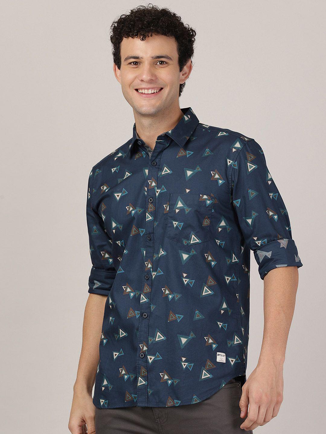 merchant marine men navy blue classic slim fit printed cotton casual shirt