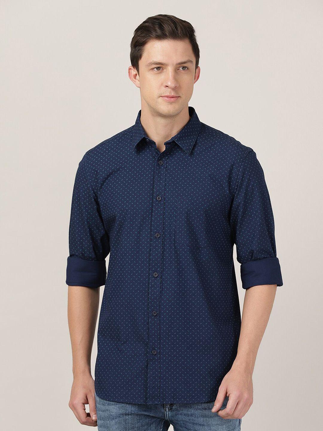 merchant marine men navy blue slim fit printed pure cotton casual shirt