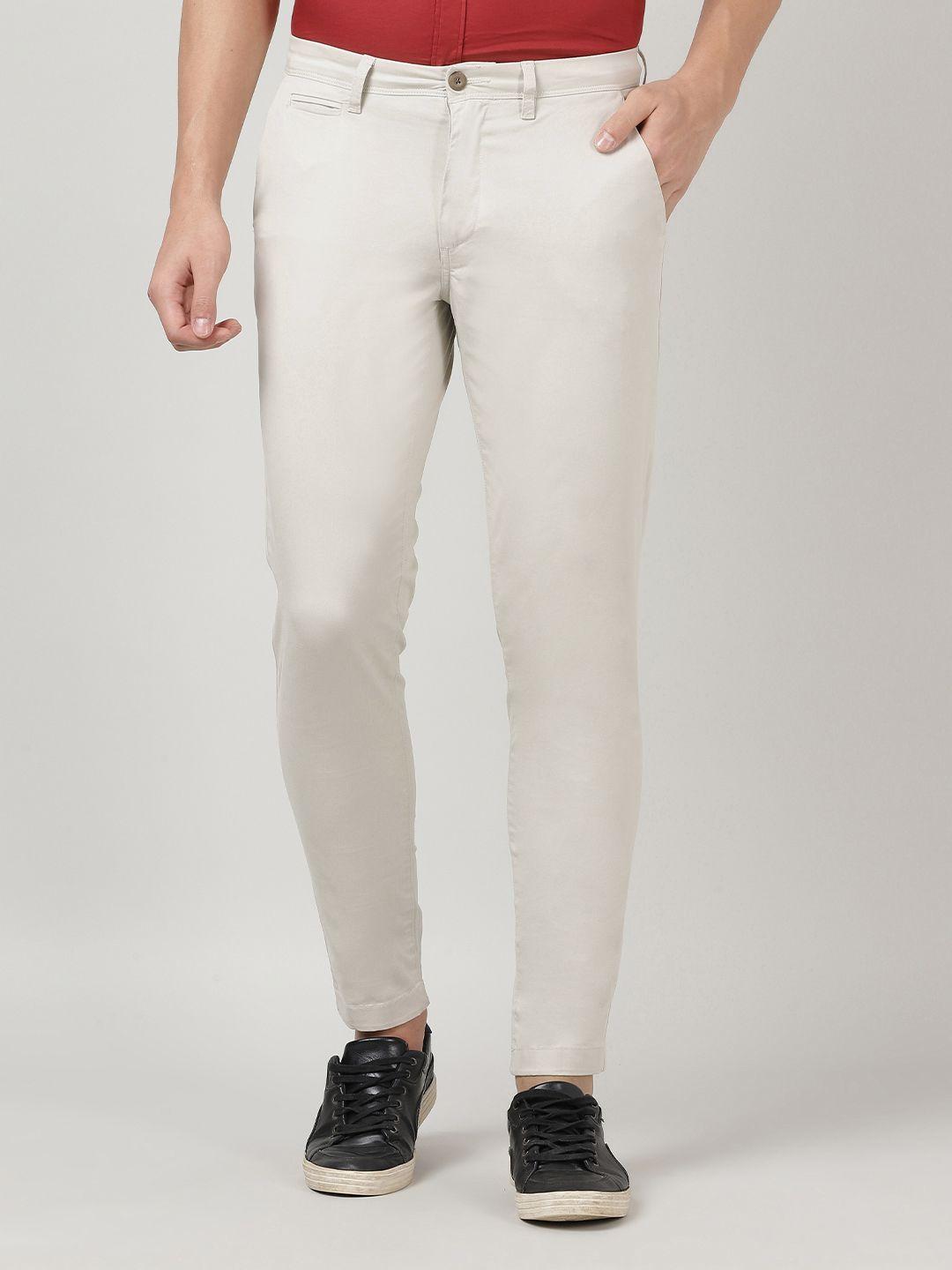 merchant marine men off white solid tapered fit cotton trousers