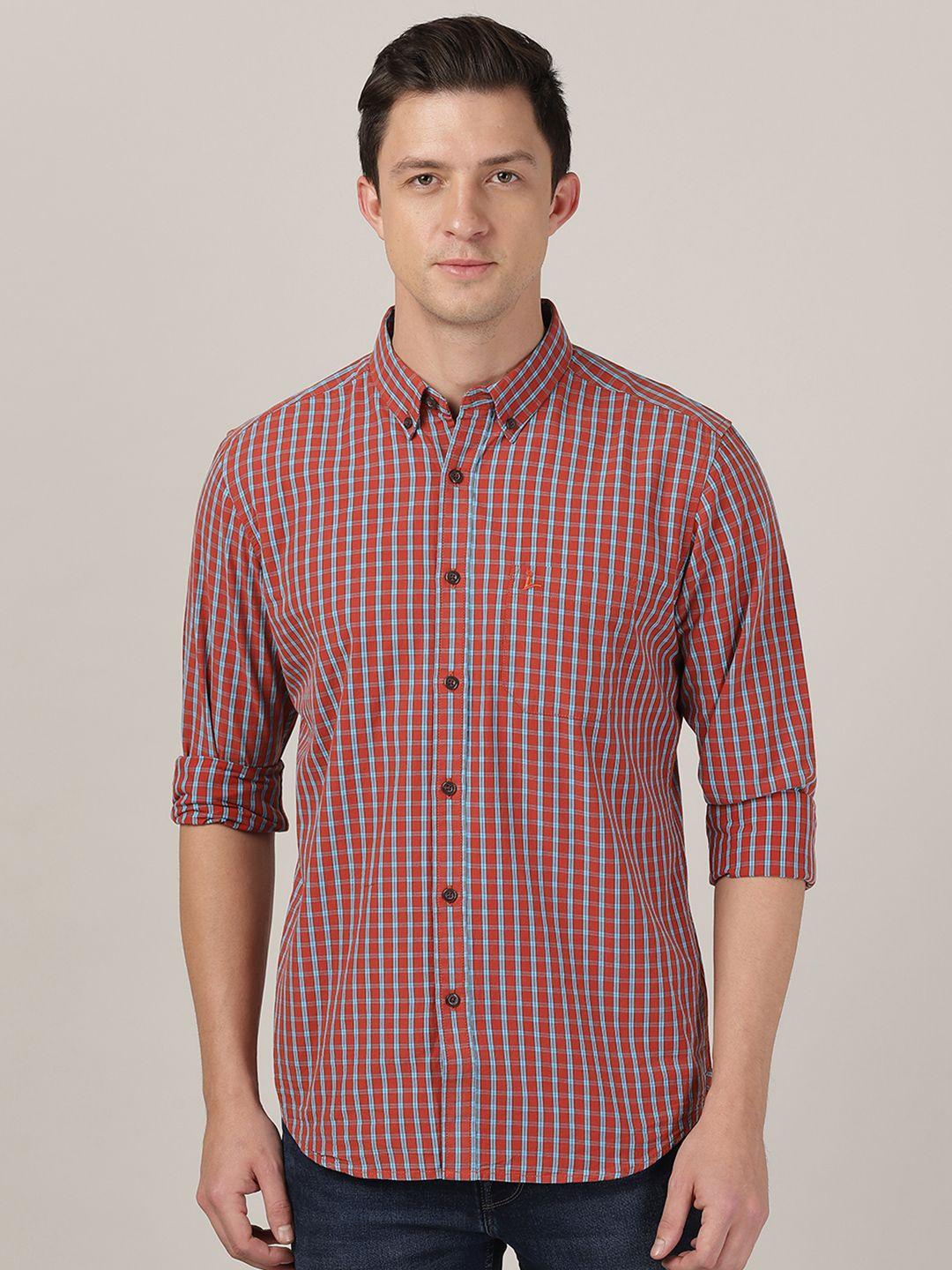 merchant marine men red classic slim fit checked cotton casual shirt