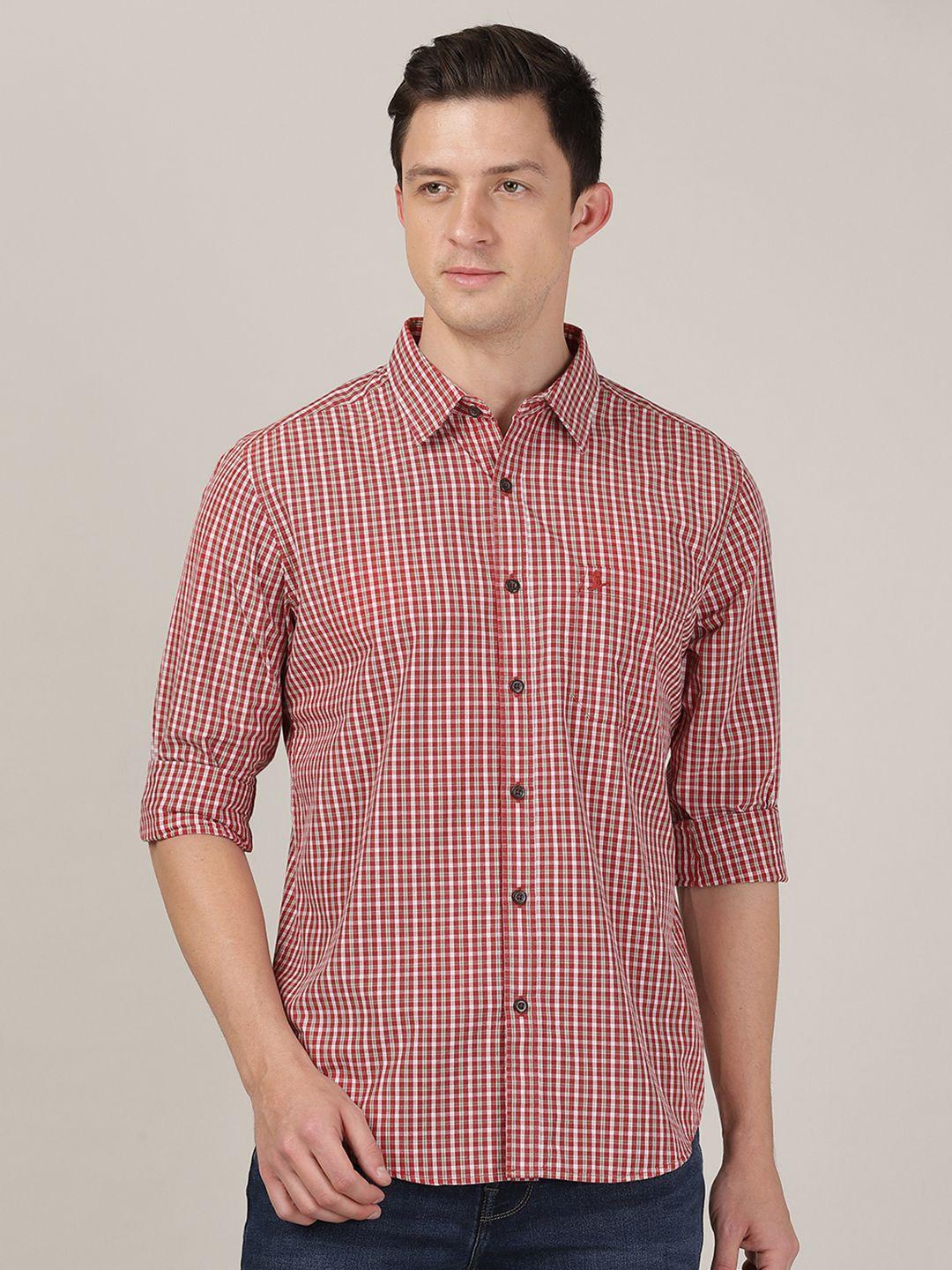 merchant marine men red classic slim fit checked cotton casual shirt