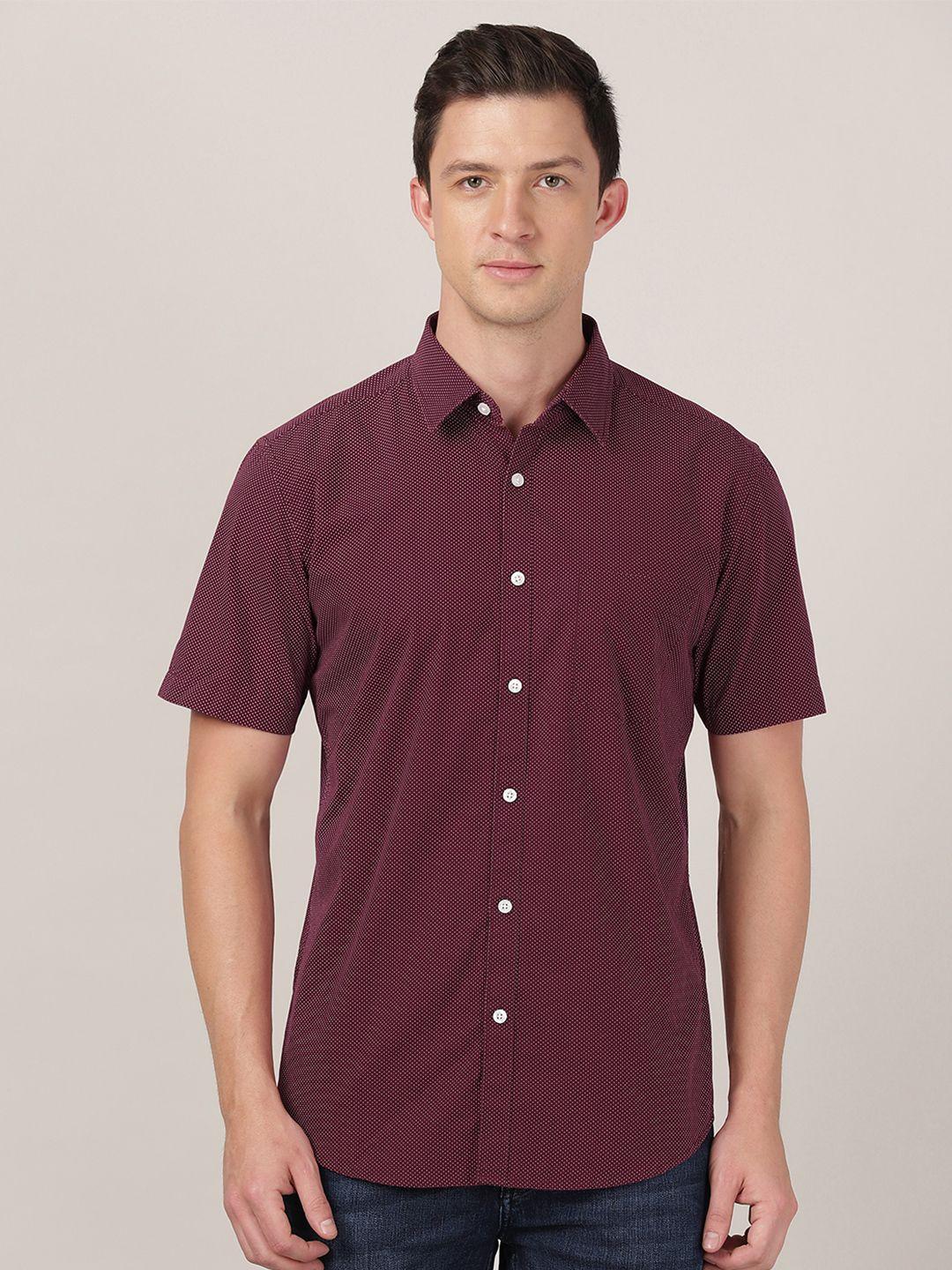 merchant marine men red classic slim fit printed casual shirt