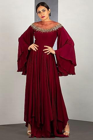 merlot red gown with pipework