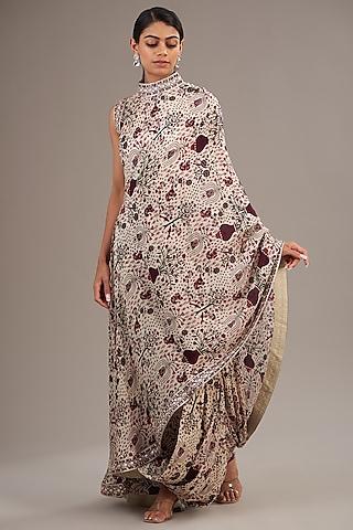 merlot crepe jaal printed one-shoulder draped skirt saree set