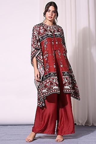merlot red strappy jumpsuit with printed kaftan jacket