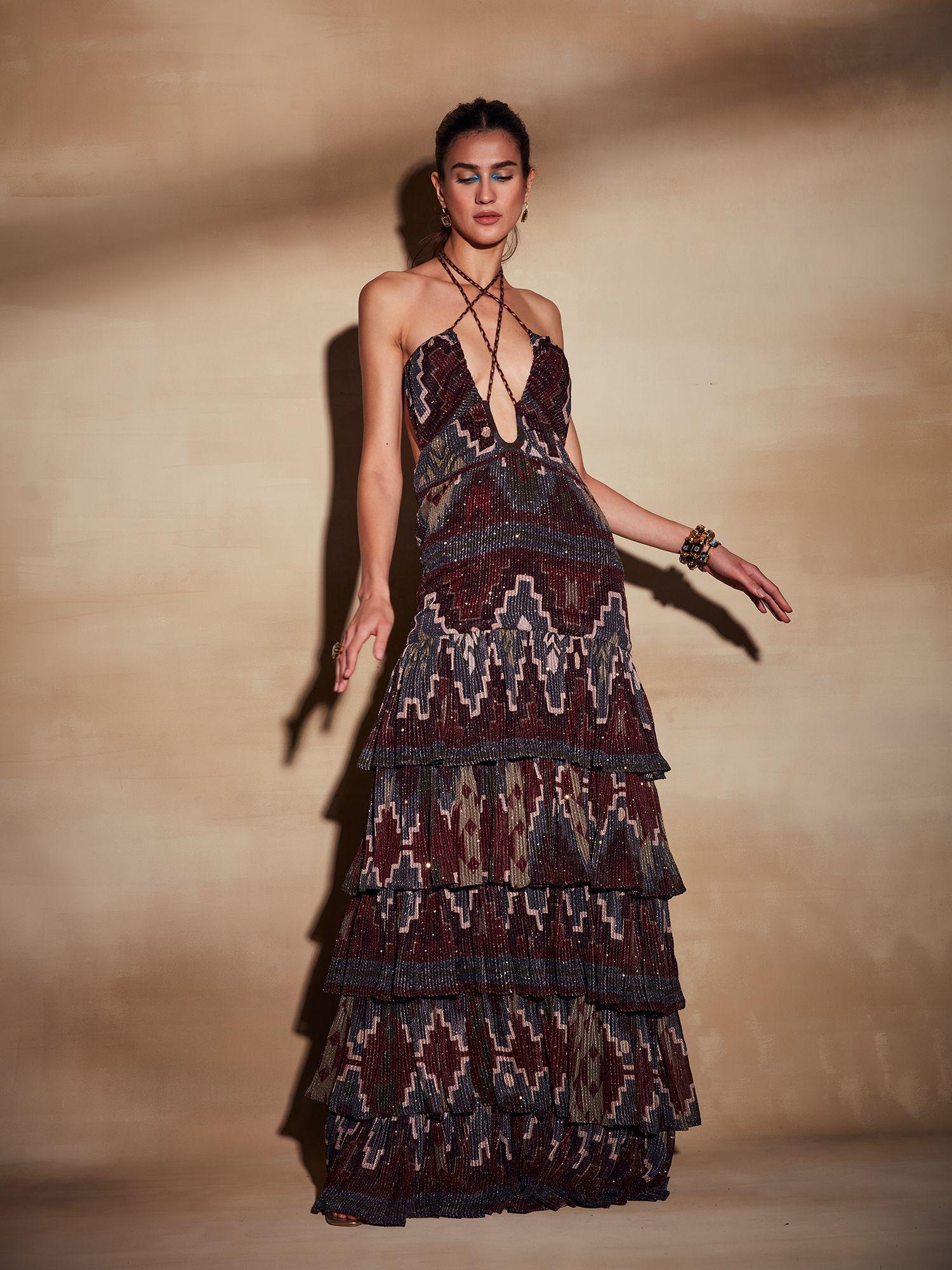 merlot tapis print maxi dress