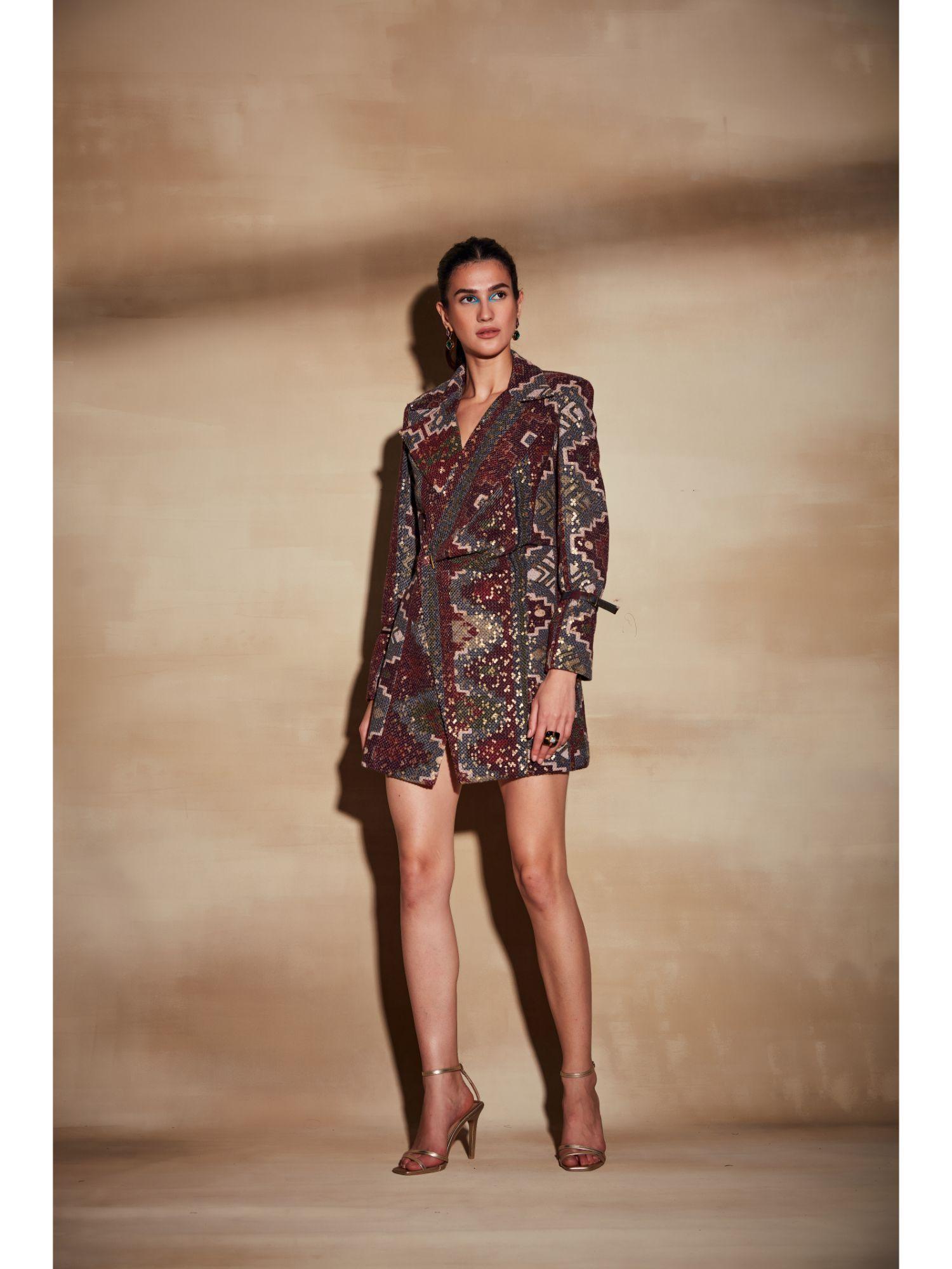 merlot tapis print short dress