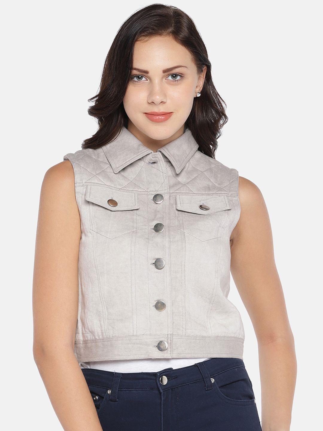 merlot women grey solid water resistant crop denim jacket