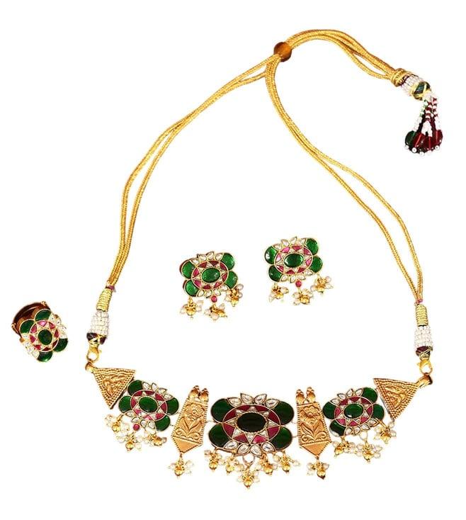 mero pink green gold plated silver kundan necklace set with ring