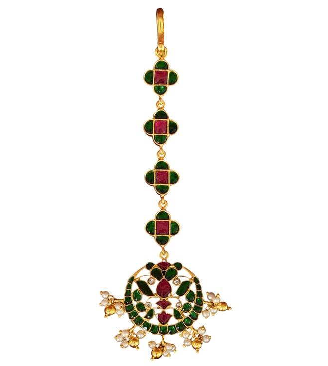 mero red green gold plated silver kundan maangtika