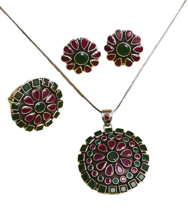mero red green tribal silver pendant set with ring with ruby and onyx